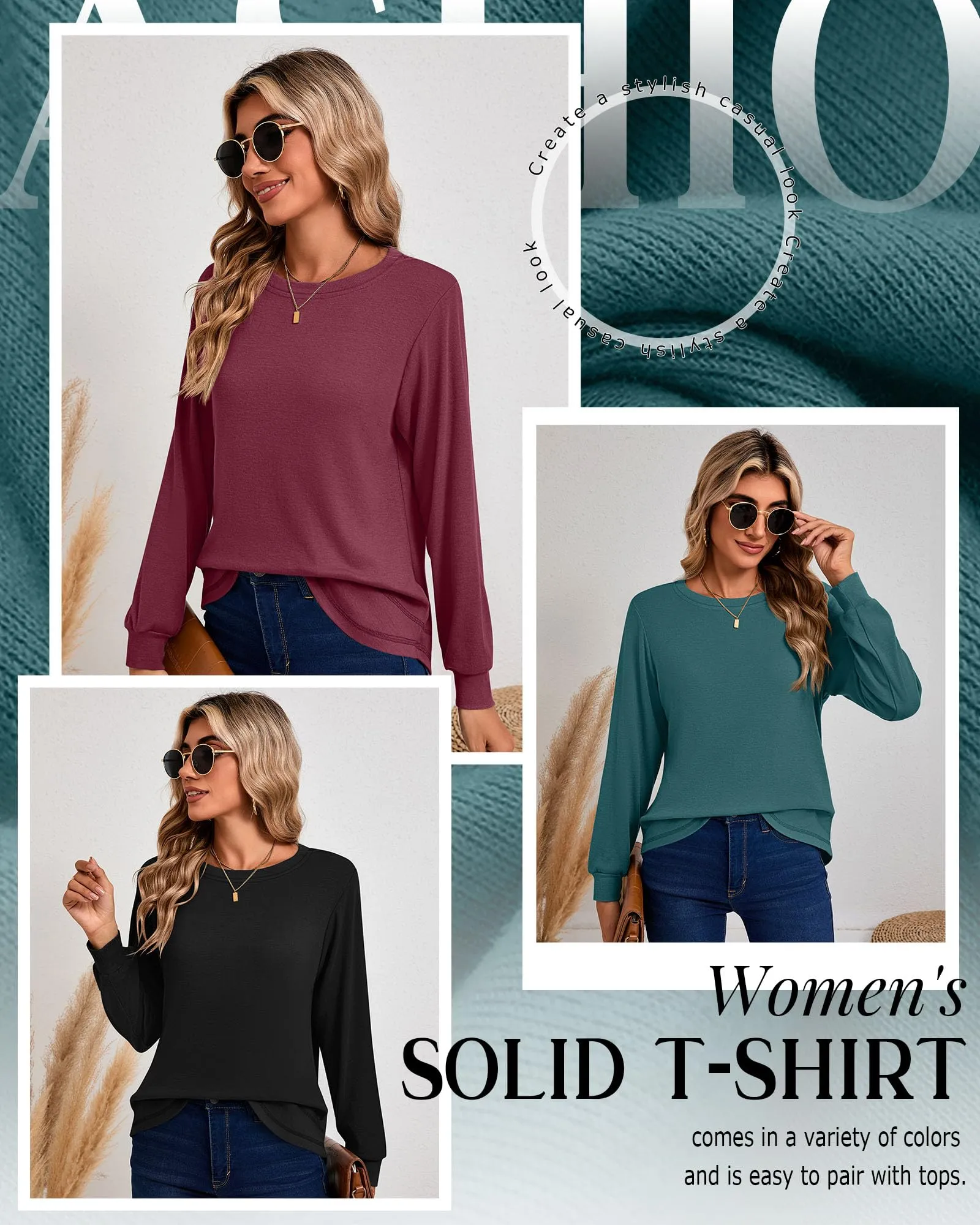 Ficerd Confezione da 3 Magliette Donna a Maniche Lunghe, Tunica Girocollo Cotone, vestibilità Ampia e Casual, Orlo Curvo(Nero, Verde Scuro, Magenta,XL) - immagine 5
