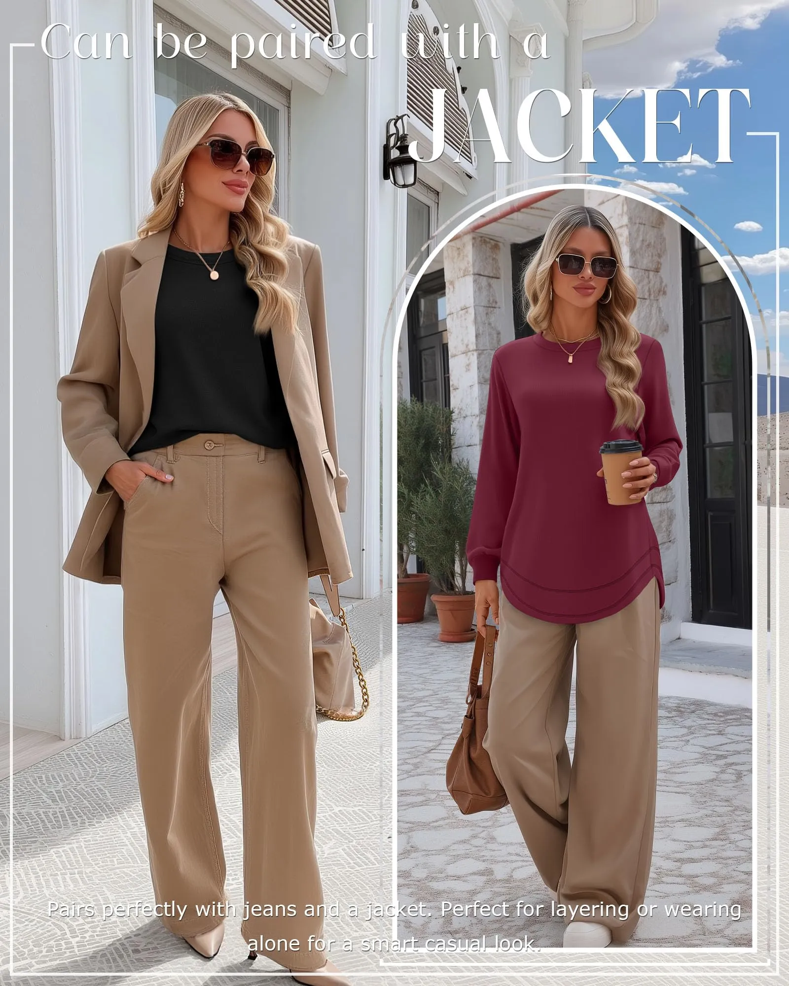Ficerd Confezione da 3 Magliette Donna a Maniche Lunghe, Tunica Girocollo Cotone, vestibilità Ampia e Casual, Orlo Curvo(Nero, Verde Scuro, Magenta,M) - immagine 3