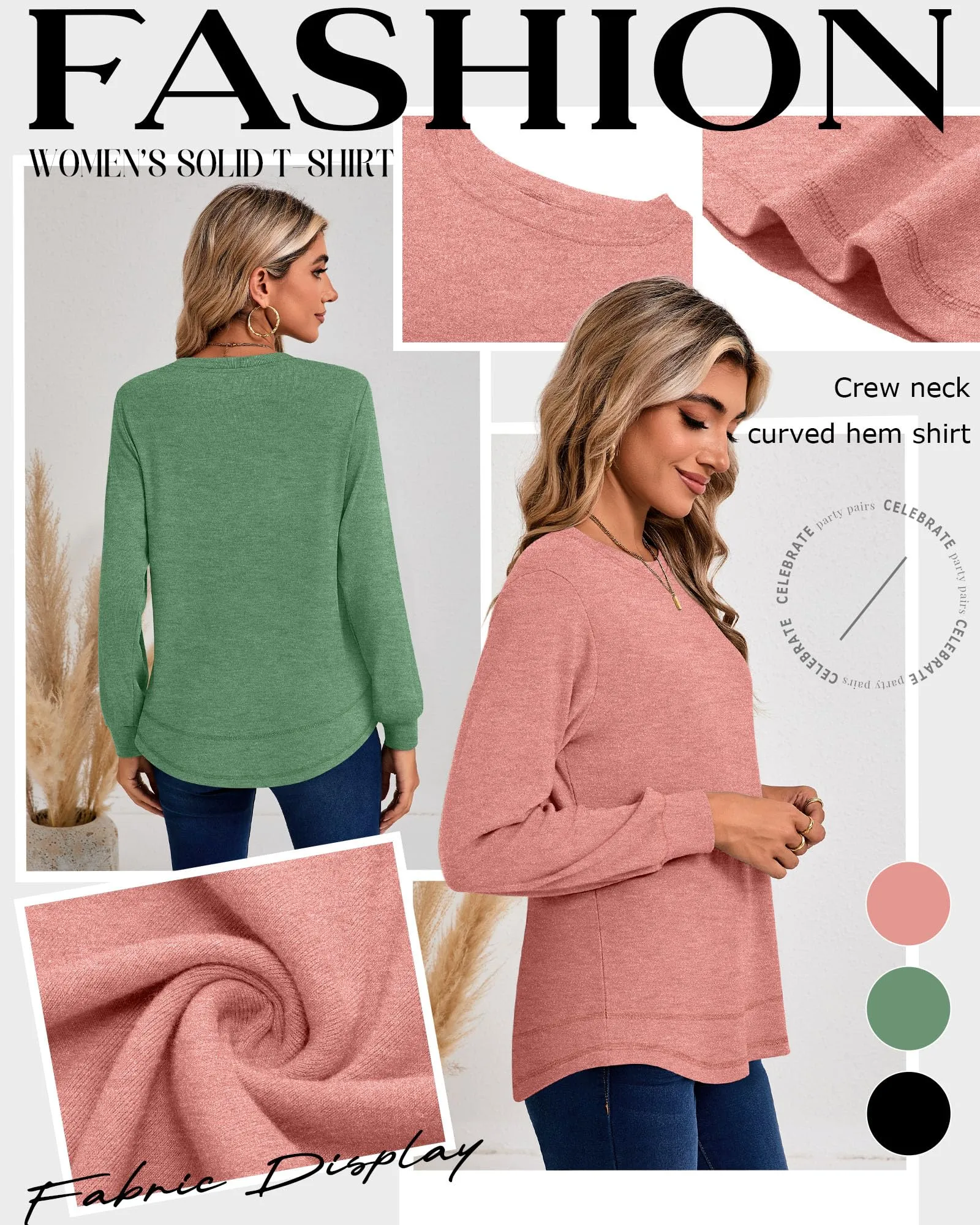Ficerd Confezione da 3 Magliette Donna a Maniche Lunghe, Tunica Girocollo Cotone, vestibilità Ampia e Casual, Orlo Curvo(Nero, Verde Fagiolo, Rosa Corallo,XXL) - immagine 4