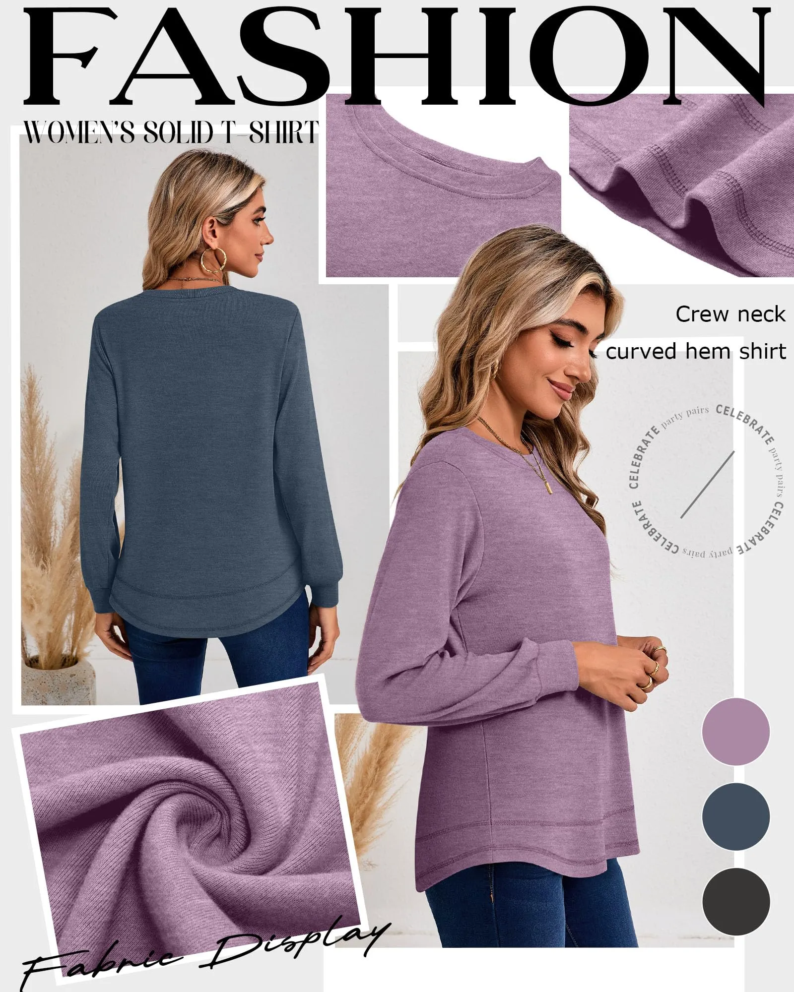 Ficerd Confezione da 3 Magliette Donna a Maniche Lunghe, Tunica Girocollo Cotone, vestibilità Ampia e Casual, Orlo Curvo(Nero, Blu Grigio, Viola Chiaro,XXL) - immagine 4
