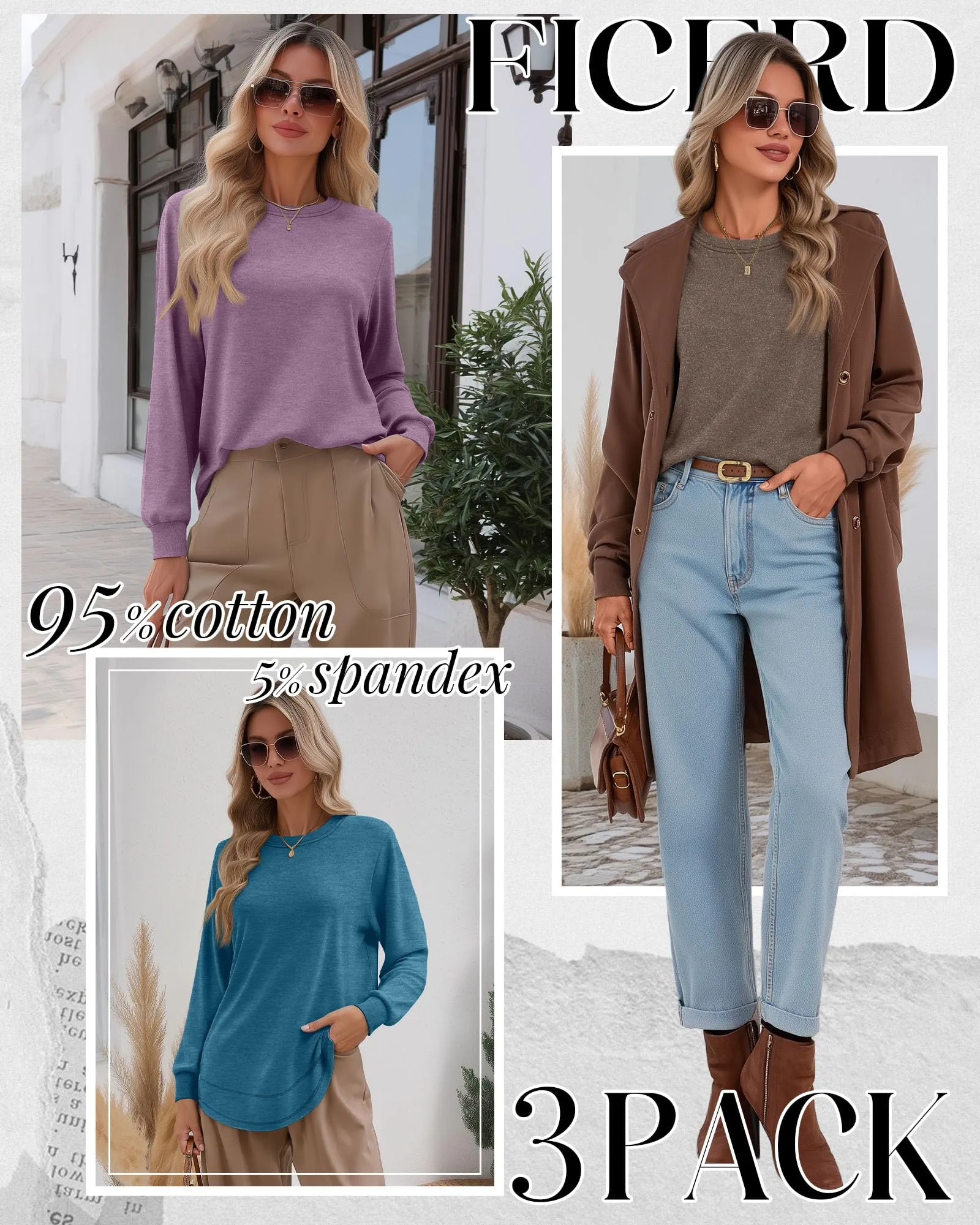 Ficerd Confezione da 3 Magliette Donna a Maniche Lunghe, Tunica Girocollo Cotone, vestibilità Ampia e Casual, Orlo Curvo(Marrone, Viola Chiaro, Blu Lago,S) - immagine 2