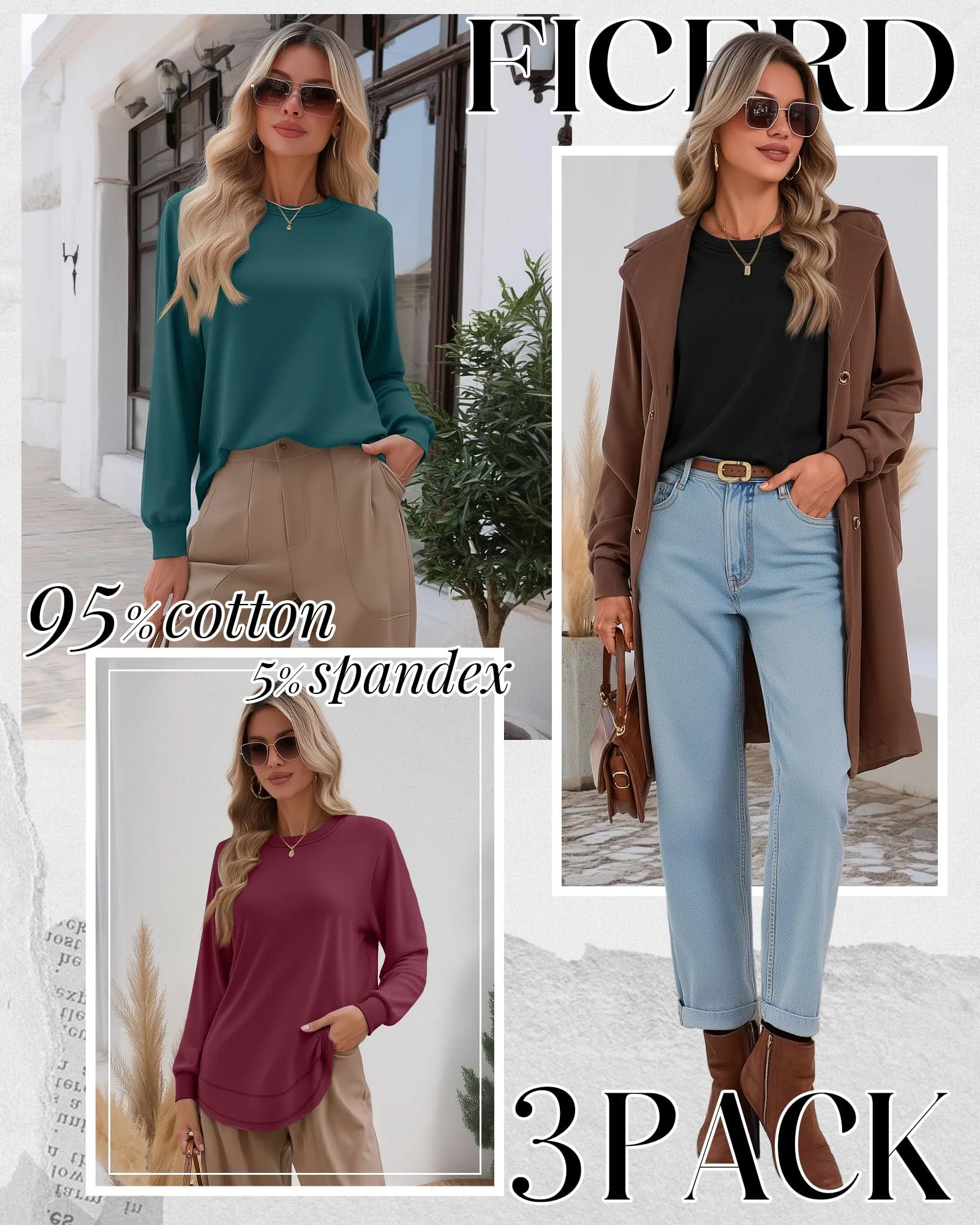 Ficerd Confezione da 3 Magliette Donna a Maniche Lunghe, Tunica Girocollo Cotone, vestibilità Ampia e Casual, Orlo Curvo(Nero, Verde Scuro, Magenta,L) - immagine 2