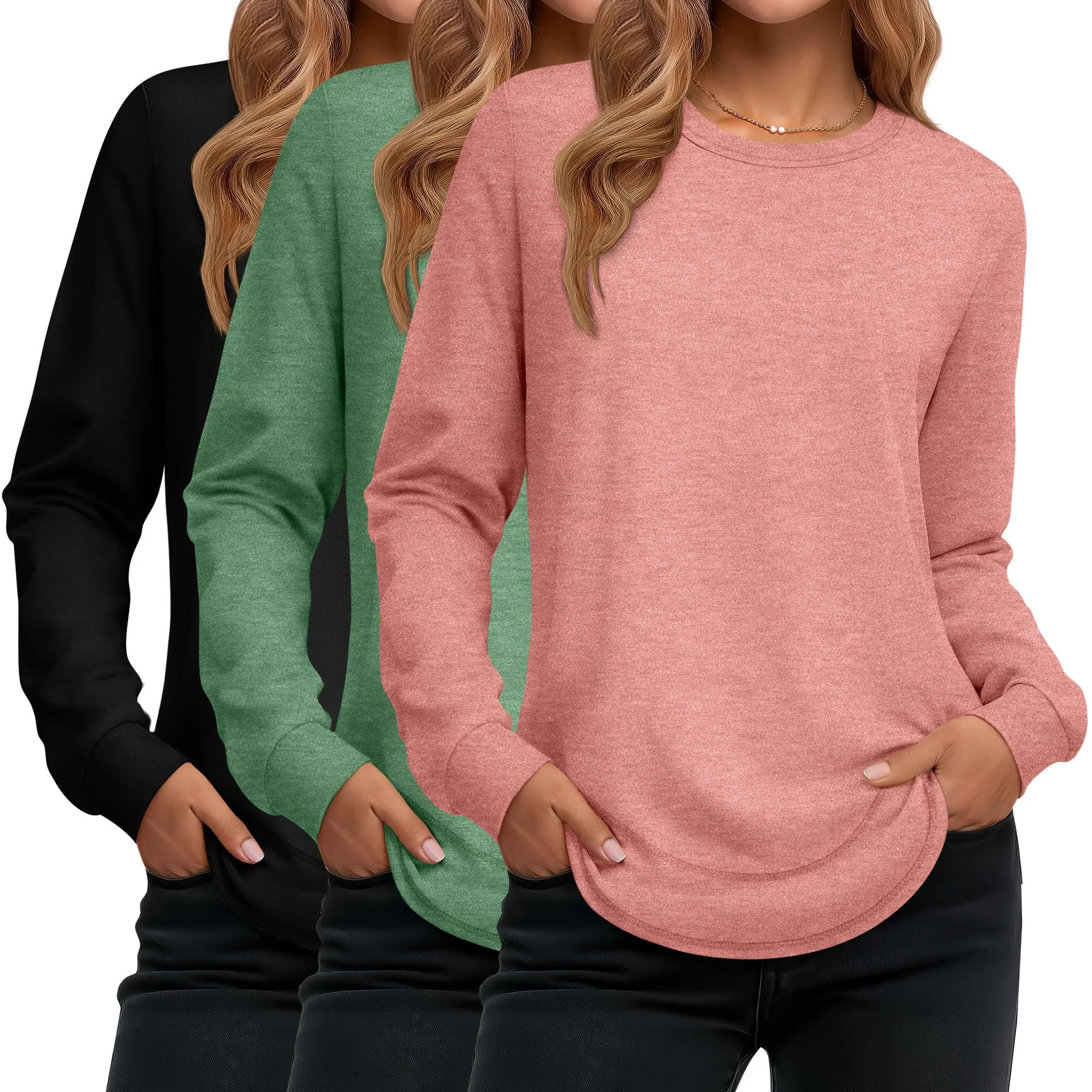 Ficerd Confezione da 3 Magliette Donna a Maniche Lunghe, Tunica Girocollo Cotone, vestibilità Ampia e Casual, Orlo Curvo(Nero, Verde Fagiolo, Rosa Corallo,XL) - immagine 1