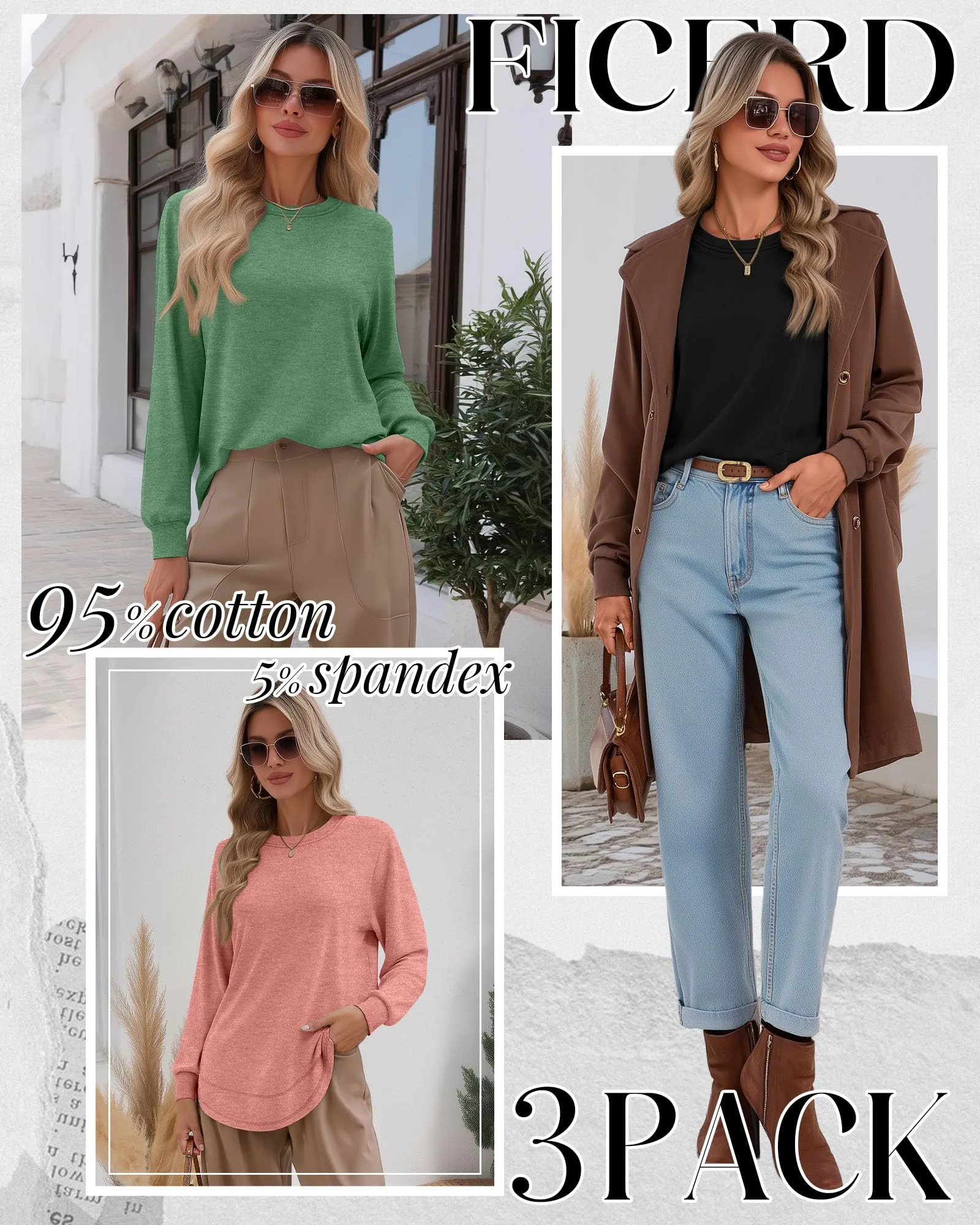 Ficerd Confezione da 3 Magliette Donna a Maniche Lunghe, Tunica Girocollo Cotone, vestibilità Ampia e Casual, Orlo Curvo(Nero, Verde Fagiolo, Rosa Corallo,XL) - immagine 2
