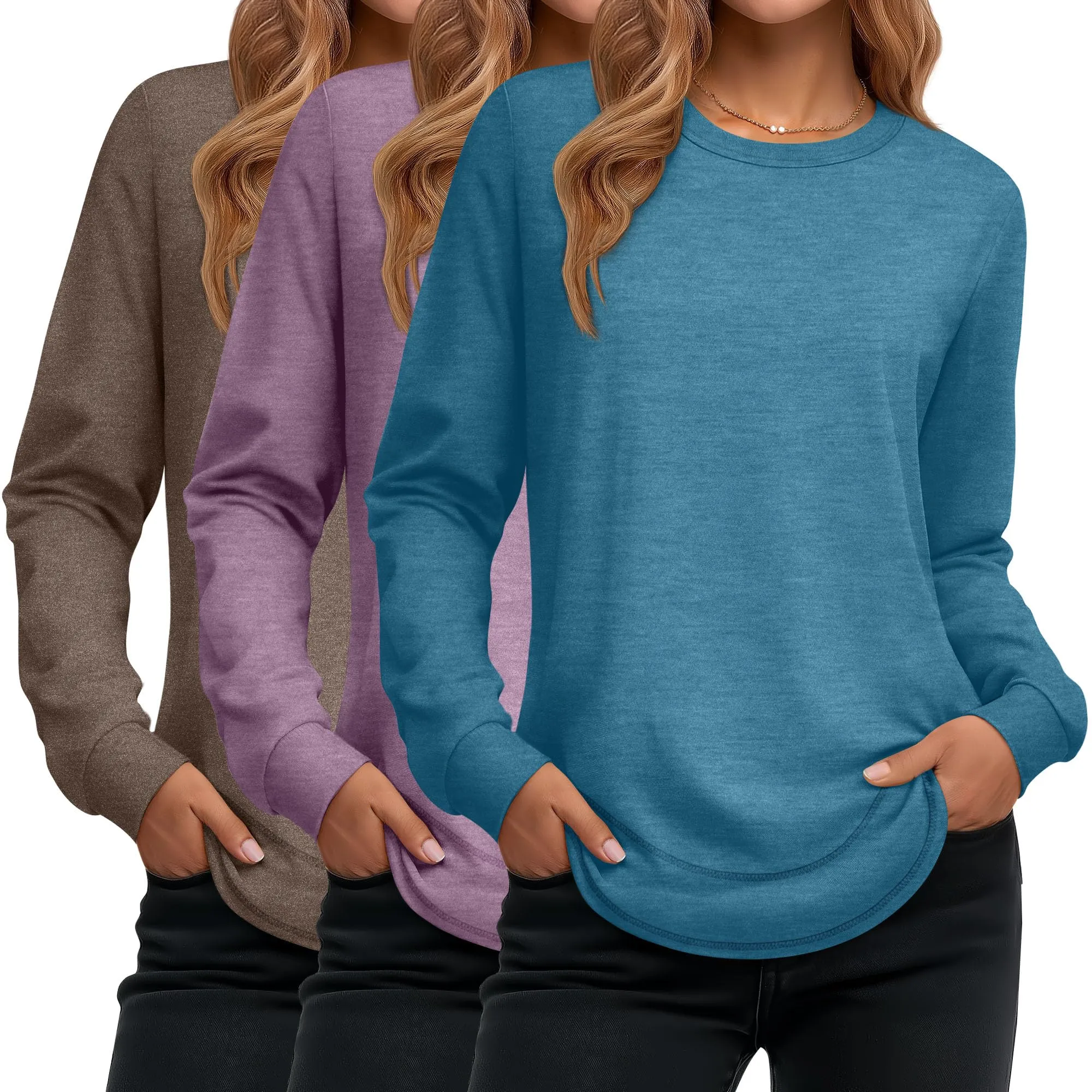 Ficerd Confezione da 3 Magliette Donna a Maniche Lunghe, Tunica Girocollo Cotone, vestibilità Ampia e Casual, Orlo Curvo(Marrone, Viola Chiaro, Blu Lago,L) - immagine 1