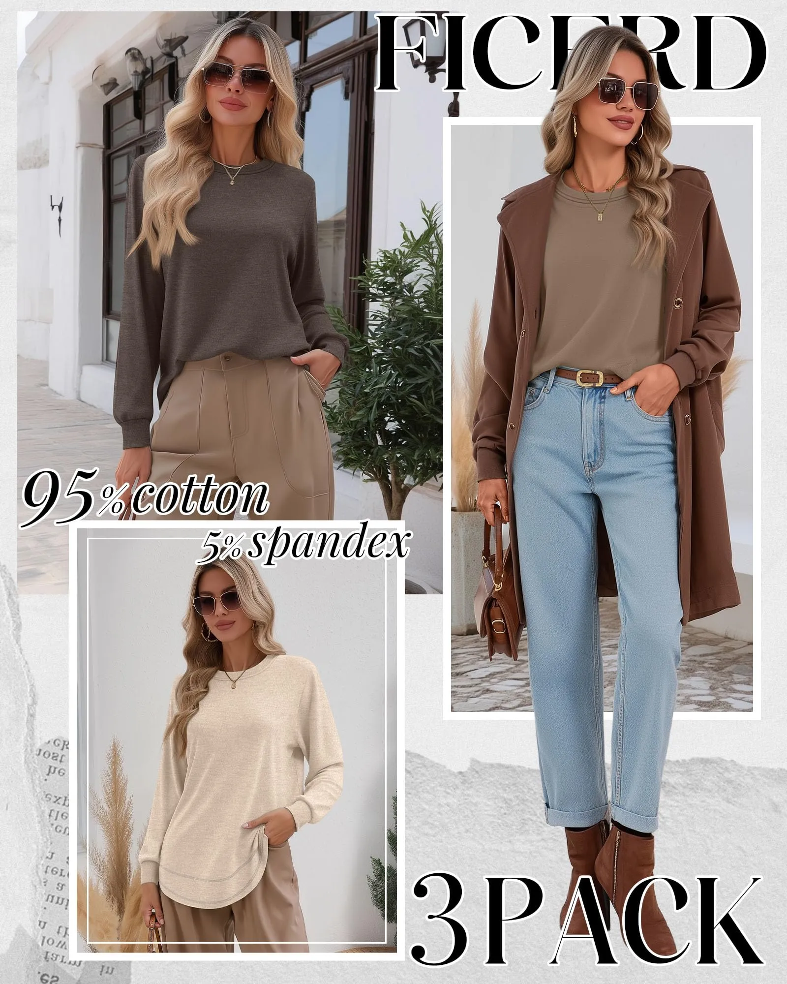 Ficerd Confezione da 3 Magliette Donna a Maniche Lunghe, Tunica Girocollo Cotone, vestibilità Ampia e Casual, Orlo Curvo(Marrone Scuro, caffè, Albicocca,XXL) - immagine 2