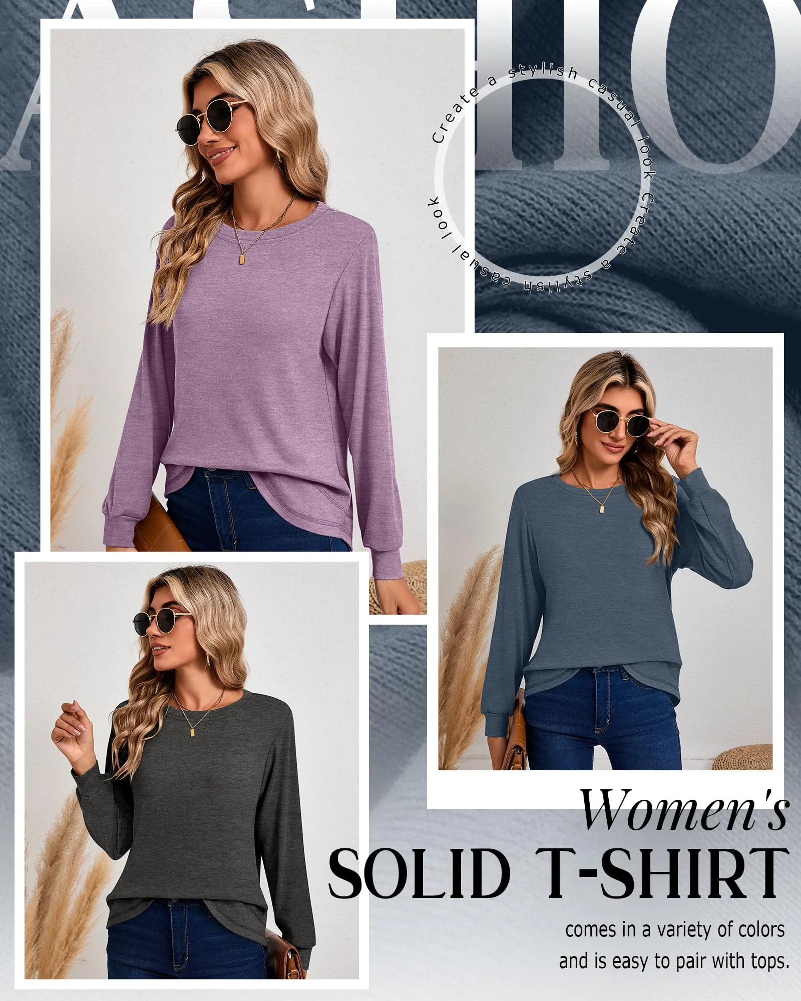 Ficerd Confezione da 3 Magliette Donna a Maniche Lunghe, Tunica Girocollo Cotone, vestibilità Ampia e Casual, Orlo Curvo(Nero, Blu Grigio, Viola Chiaro,M) - immagine 5