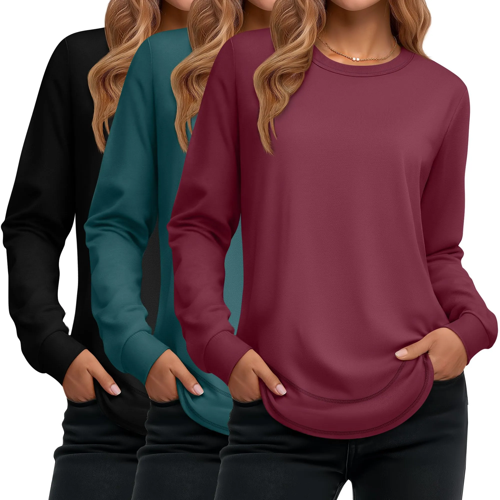 Ficerd Confezione da 3 Magliette Donna a Maniche Lunghe, Tunica Girocollo Cotone, vestibilità Ampia e Casual, Orlo Curvo(Nero, Verde Scuro, Magenta,S) - immagine 1
