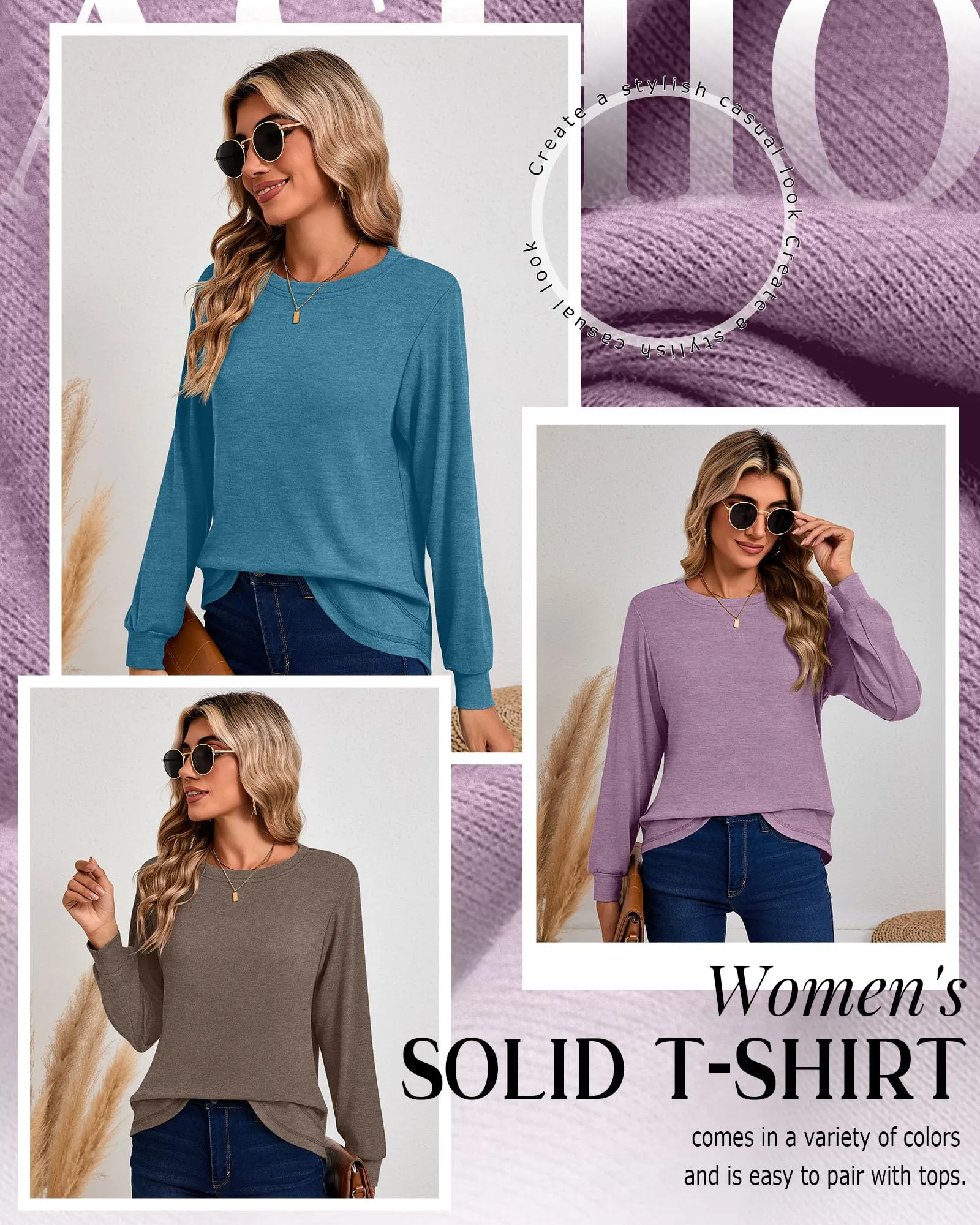 Ficerd Confezione da 3 Magliette Donna a Maniche Lunghe, Tunica Girocollo Cotone, vestibilità Ampia e Casual, Orlo Curvo(Marrone, Viola Chiaro, Blu Lago,M) - immagine 5