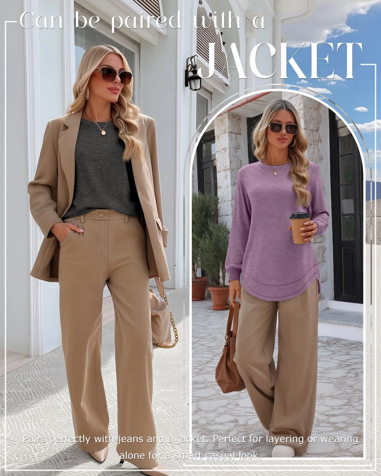 Ficerd Confezione da 3 Magliette Donna a Maniche Lunghe, Tunica Girocollo Cotone, vestibilità Ampia e Casual, Orlo Curvo(Nero, Blu Grigio, Viola Chiaro,S) - immagine 3
