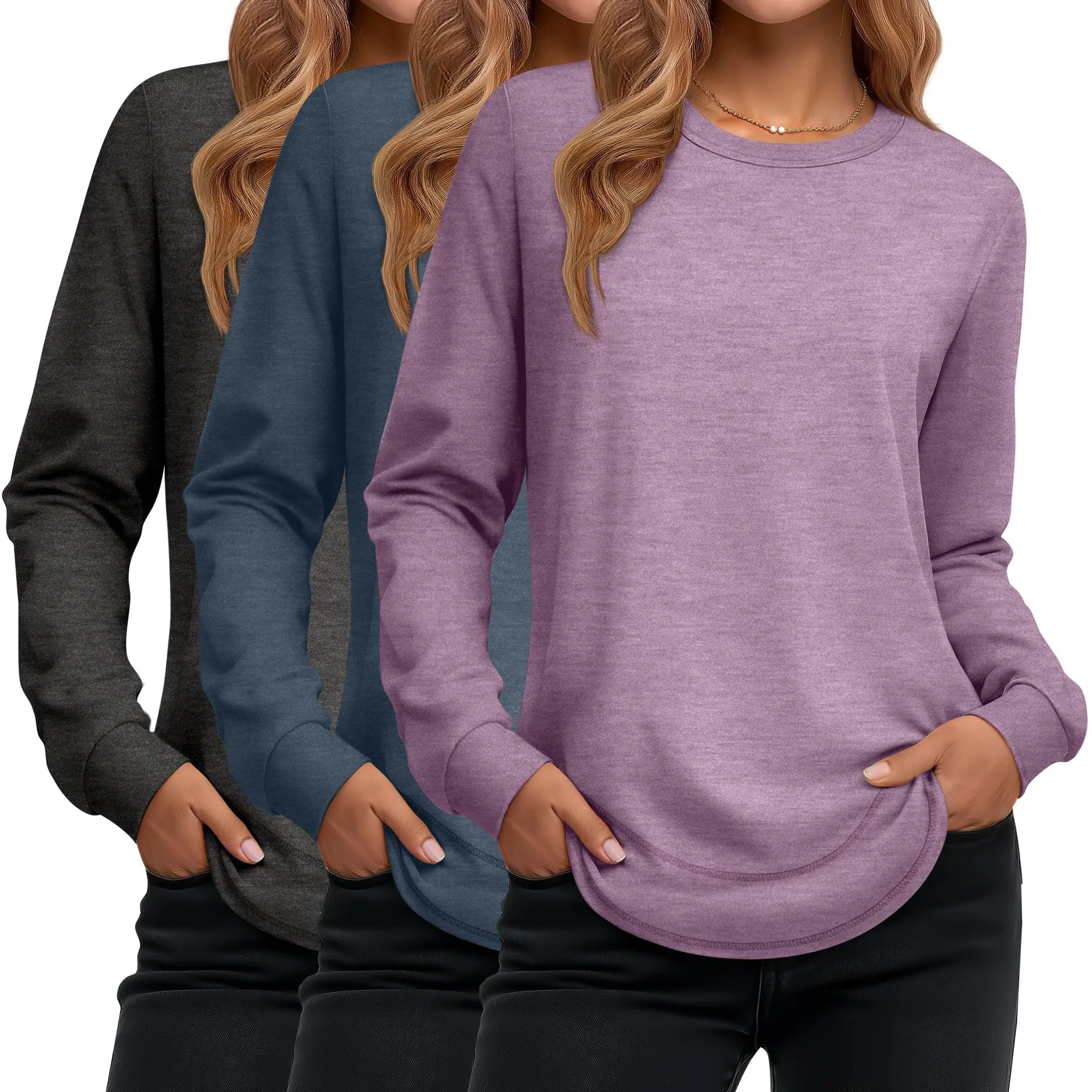 Ficerd Confezione da 3 Magliette Donna a Maniche Lunghe, Tunica Girocollo Cotone, vestibilità Ampia e Casual, Orlo Curvo(Nero, Blu Grigio, Viola Chiaro,L) - immagine 1