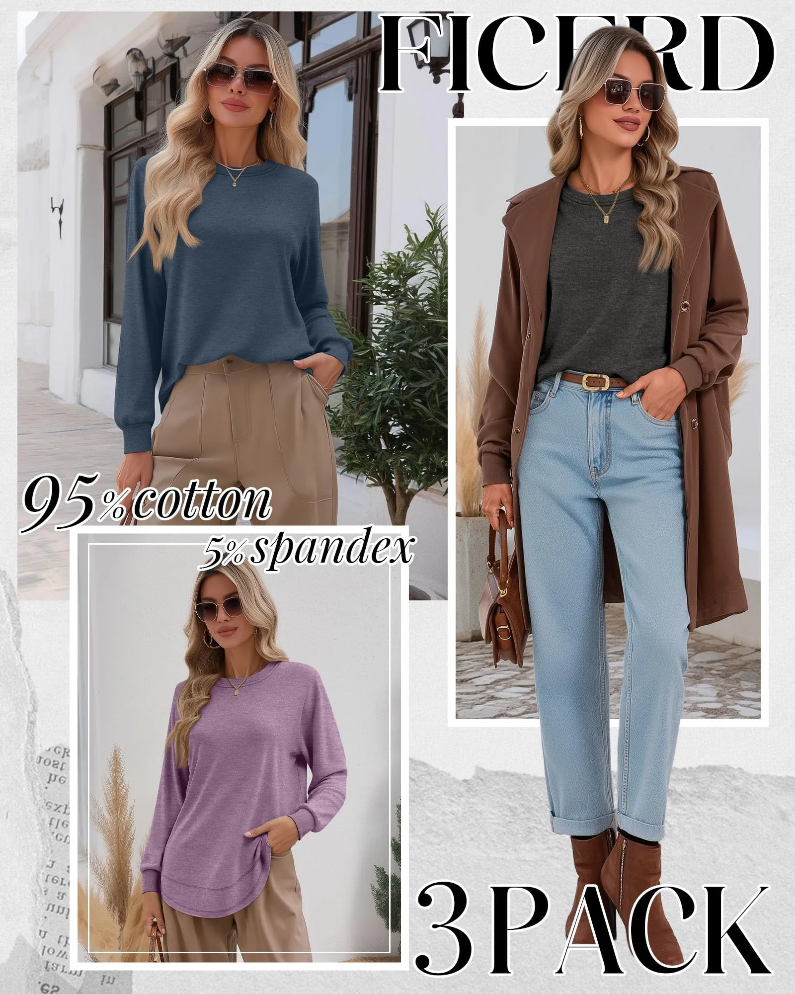 Ficerd Confezione da 3 Magliette Donna a Maniche Lunghe, Tunica Girocollo Cotone, vestibilità Ampia e Casual, Orlo Curvo(Nero, Blu Grigio, Viola Chiaro,L) - immagine 2