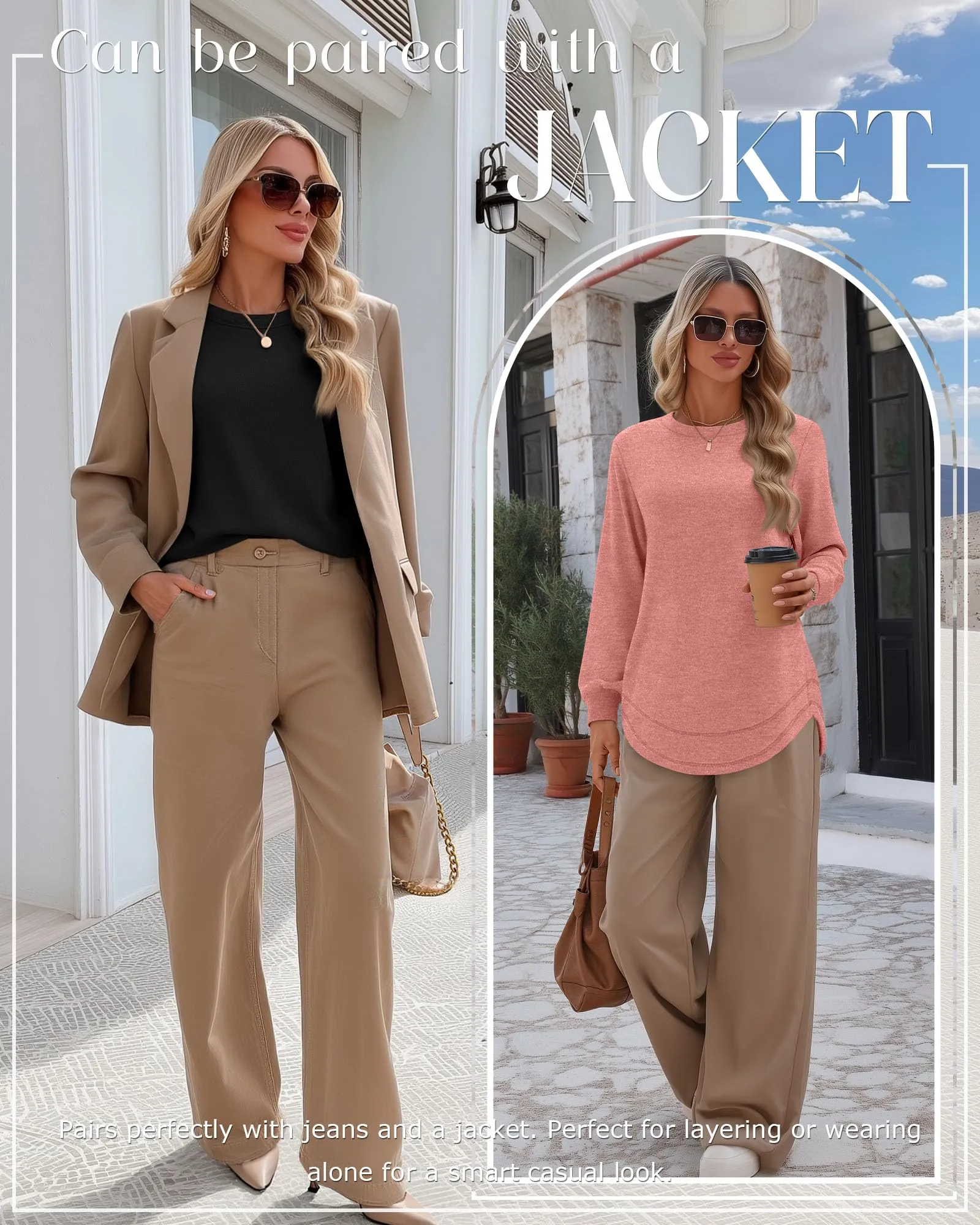 Ficerd Confezione da 3 Magliette Donna a Maniche Lunghe, Tunica Girocollo Cotone, vestibilità Ampia e Casual, Orlo Curvo(Nero, Verde Fagiolo, Rosa Corallo,L) - immagine 3