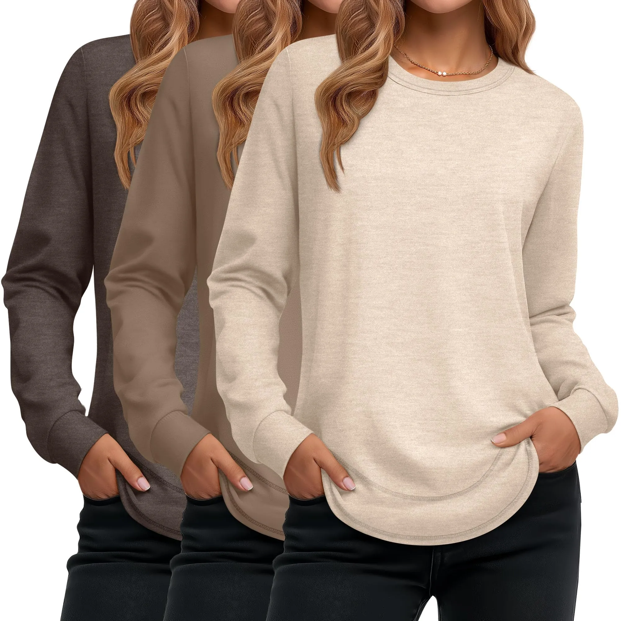 Ficerd Confezione da 3 Magliette Donna a Maniche Lunghe, Tunica Girocollo Cotone, vestibilità Ampia e Casual, Orlo Curvo(Marrone Scuro, caffè, Albicocca,M) - immagine 1