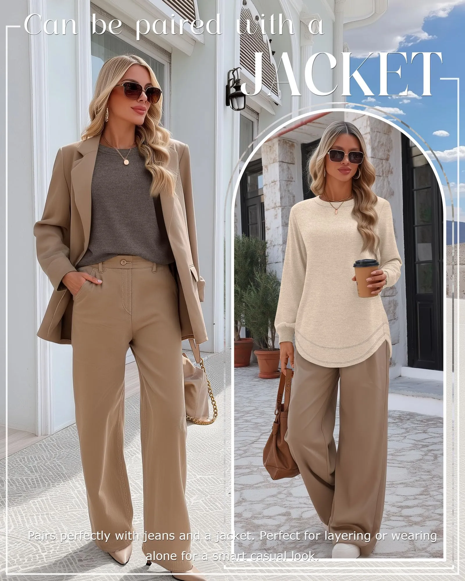 Ficerd Confezione da 3 Magliette Donna a Maniche Lunghe, Tunica Girocollo Cotone, vestibilità Ampia e Casual, Orlo Curvo(Marrone Scuro, caffè, Albicocca,M) - immagine 3