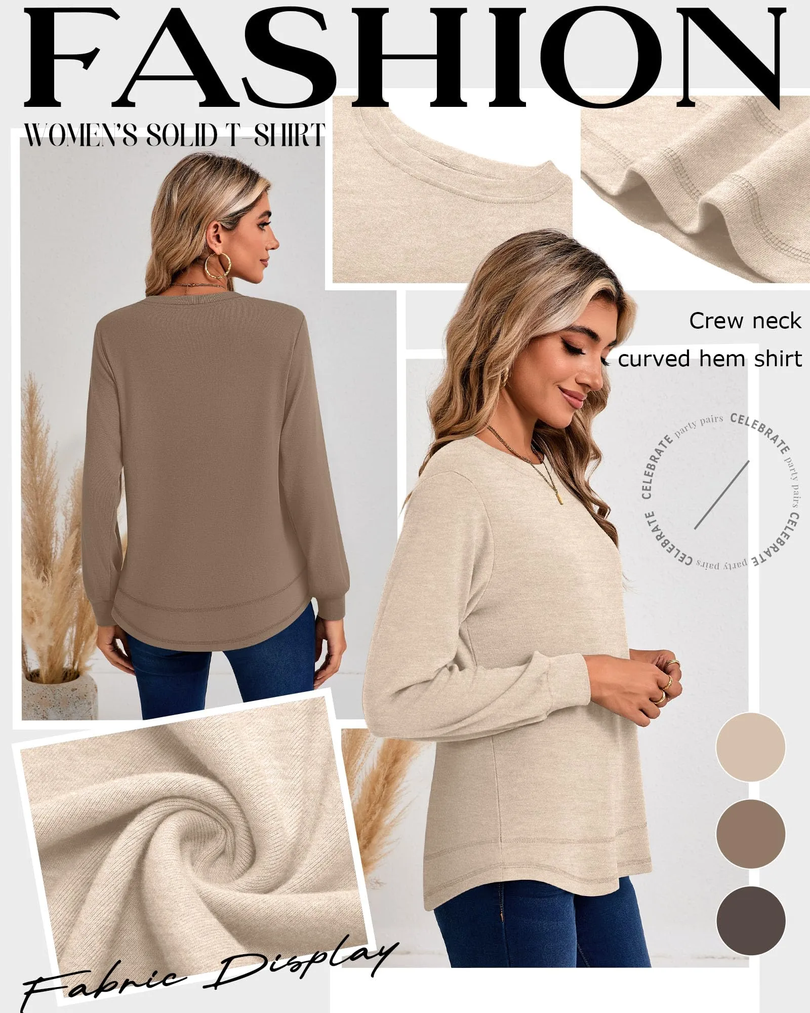 Ficerd Confezione da 3 Magliette Donna a Maniche Lunghe, Tunica Girocollo Cotone, vestibilità Ampia e Casual, Orlo Curvo(Marrone Scuro, caffè, Albicocca,M) - immagine 4