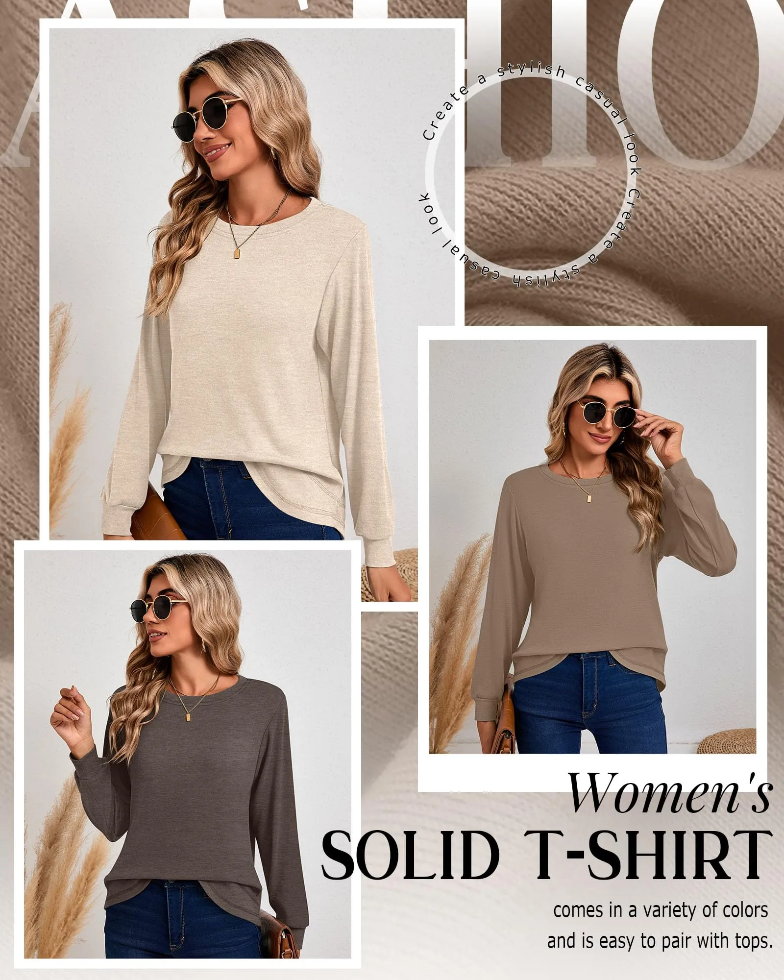 Ficerd Confezione da 3 Magliette Donna a Maniche Lunghe, Tunica Girocollo Cotone, vestibilità Ampia e Casual, Orlo Curvo(Marrone Scuro, caffè, Albicocca,S) - immagine 5