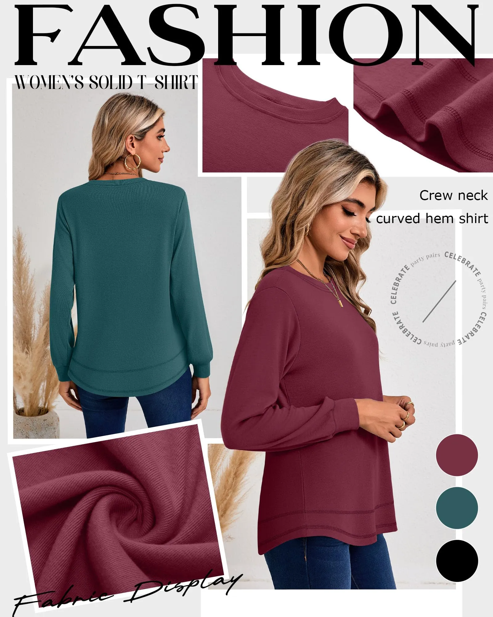 Ficerd Confezione da 3 Magliette Donna a Maniche Lunghe, Tunica Girocollo Cotone, vestibilità Ampia e Casual, Orlo Curvo(Nero, Verde Scuro, Magenta,XXL) - immagine 4
