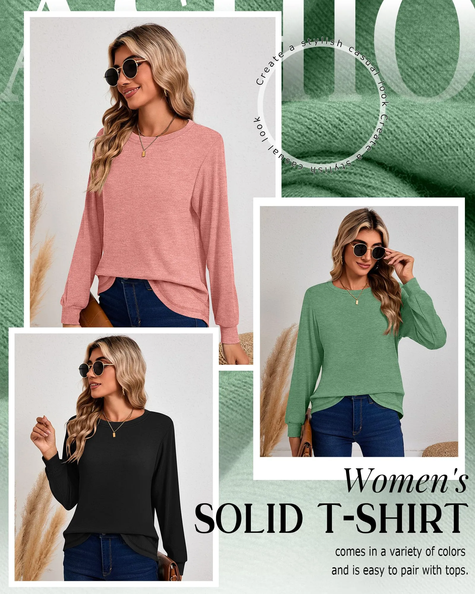 Ficerd Confezione da 3 Magliette Donna a Maniche Lunghe, Tunica Girocollo Cotone, vestibilità Ampia e Casual, Orlo Curvo(Nero, Verde Fagiolo, Rosa Corallo,M) - immagine 5