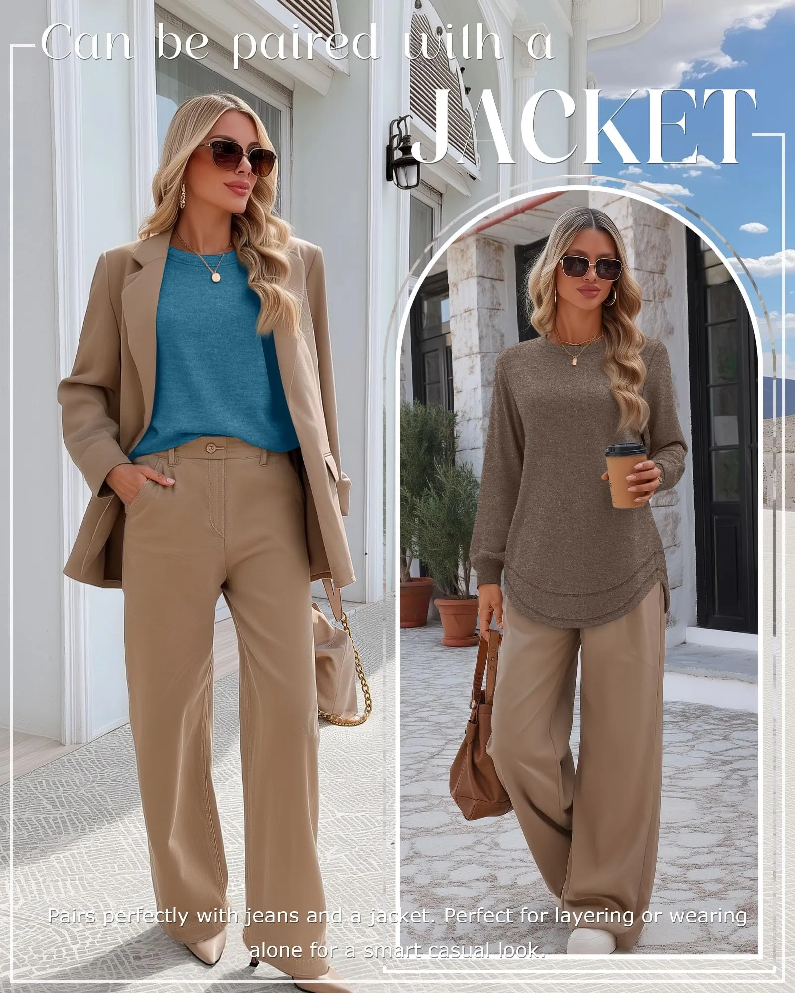 Ficerd Confezione da 3 Magliette Donna a Maniche Lunghe, Tunica Girocollo Cotone, vestibilità Ampia e Casual, Orlo Curvo(Marrone, Viola Chiaro, Blu Lago,XXL) - immagine 3