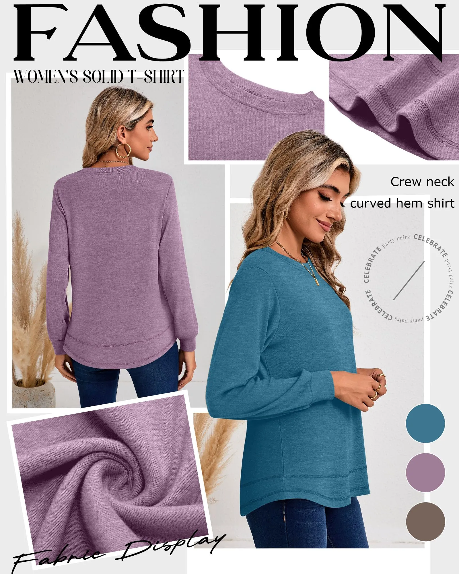 Ficerd Confezione da 3 Magliette Donna a Maniche Lunghe, Tunica Girocollo Cotone, vestibilità Ampia e Casual, Orlo Curvo(Marrone, Viola Chiaro, Blu Lago,XXL) - immagine 4