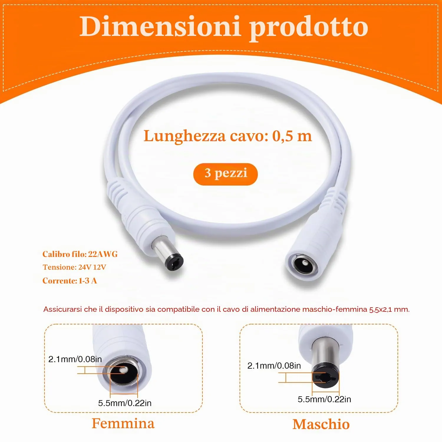 KUOQIY 3 Pezzi 0.5m 5.5x2.1 mm 24V 12V Cavi di Prolunga per Alimentazione DC, DC Cavo Estensione Maschio a Femmina 22AWG, per Telecamera Sicurezza CCTV, DVR, Bianco - immagine 3
