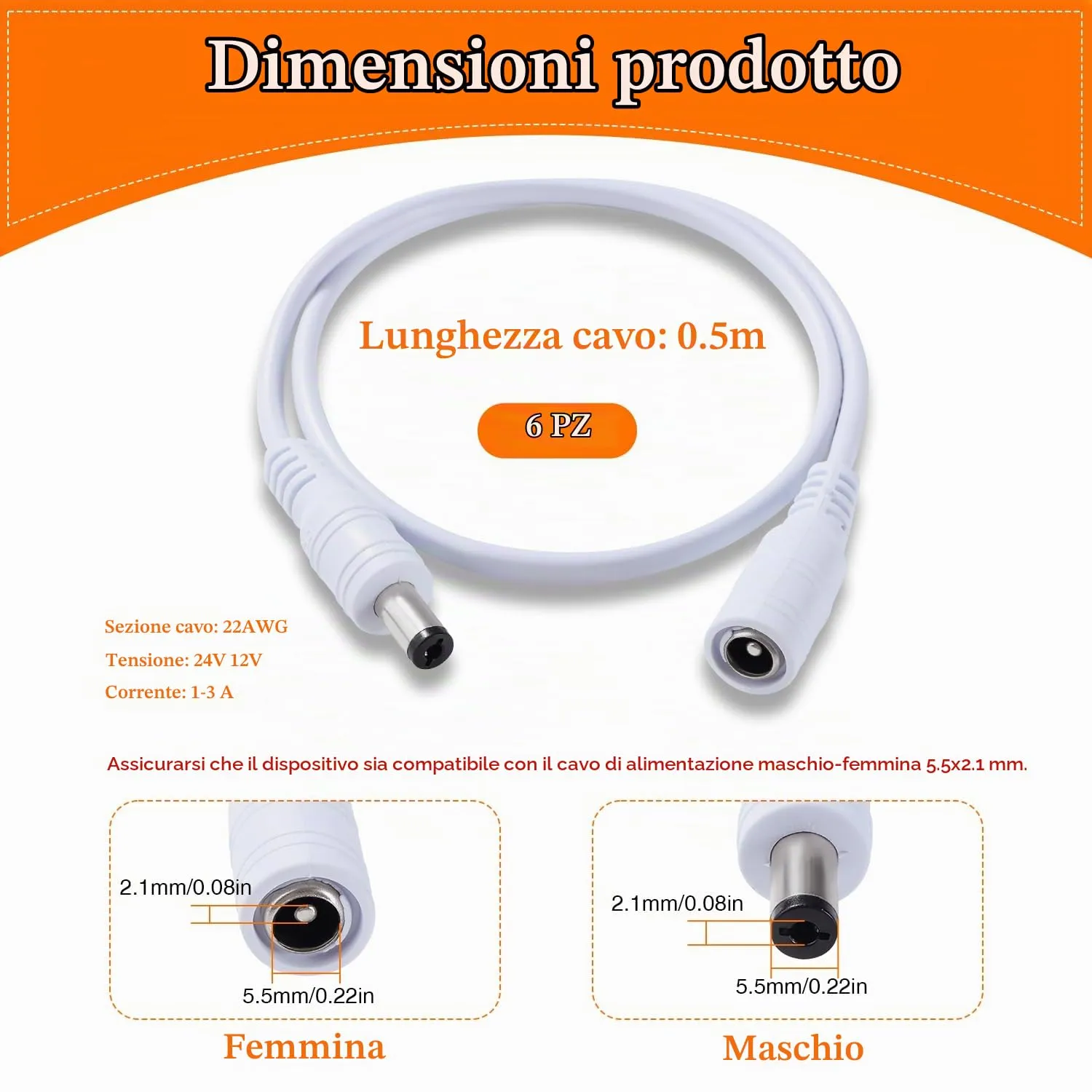 KUOQIY 6 Pezzi 0.5m 5.5x2.1 mm 24V 12V Cavi di Prolunga per Alimentazione DC, DC Cavo Estensione Maschio a Femmina 22AWG, per Telecamera Sicurezza CCTV, DVR, Bianco - immagine 3