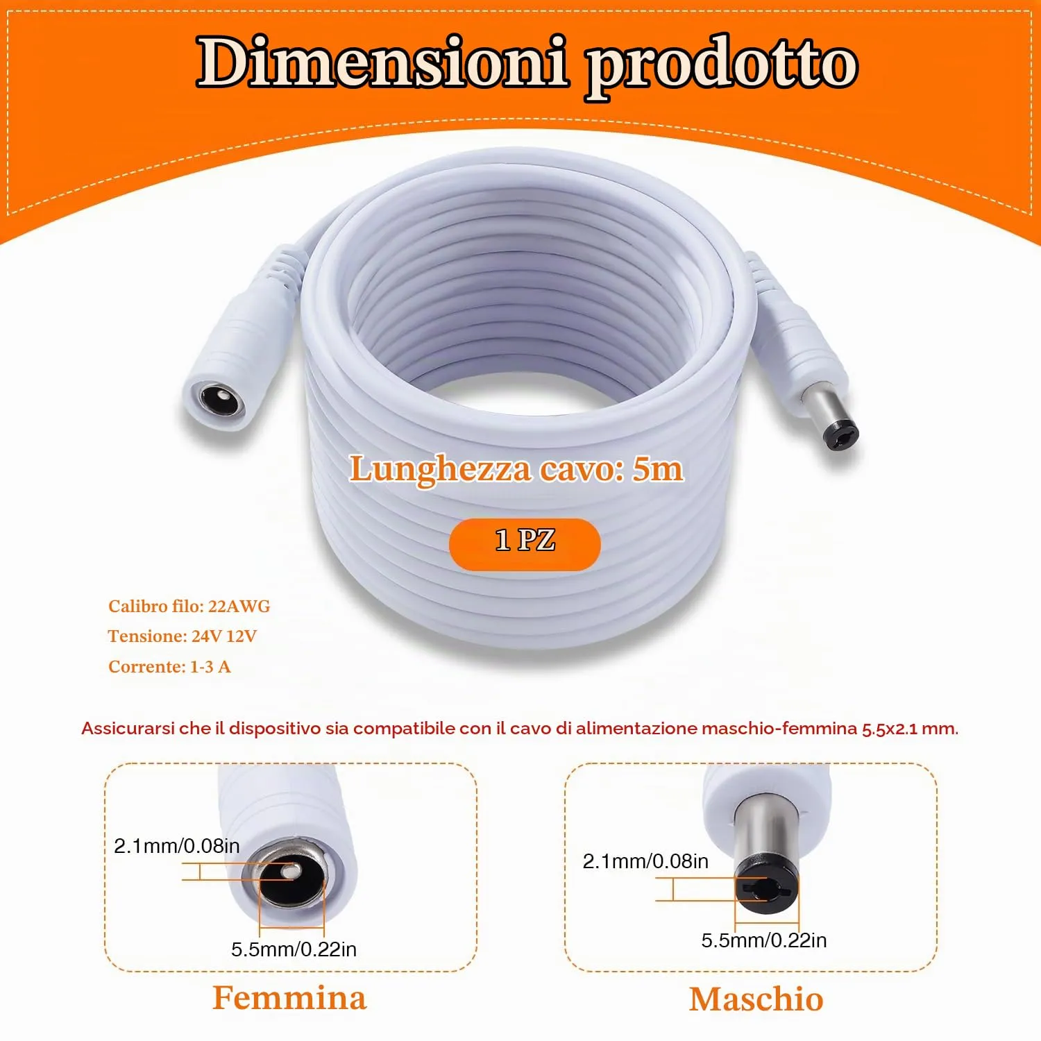 KUOQIY 5m 5.5x2.1 mm 24V 12V Cavi di Prolunga per Alimentazione DC, DC Cavo Estensione Maschio a Femmina 22AWG, per Telecamera Sicurezza CCTV, DVR, Bianco - immagine 3