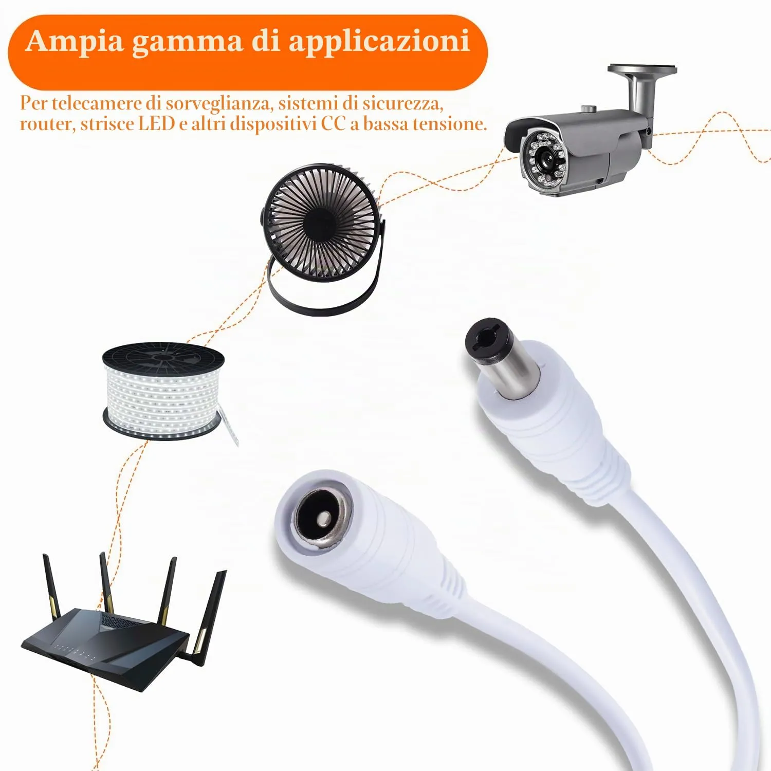 KUOQIY 5m 5.5x2.1 mm 24V 12V Cavi di Prolunga per Alimentazione DC, DC Cavo Estensione Maschio a Femmina 22AWG, per Telecamera Sicurezza CCTV, DVR, Bianco - immagine 7