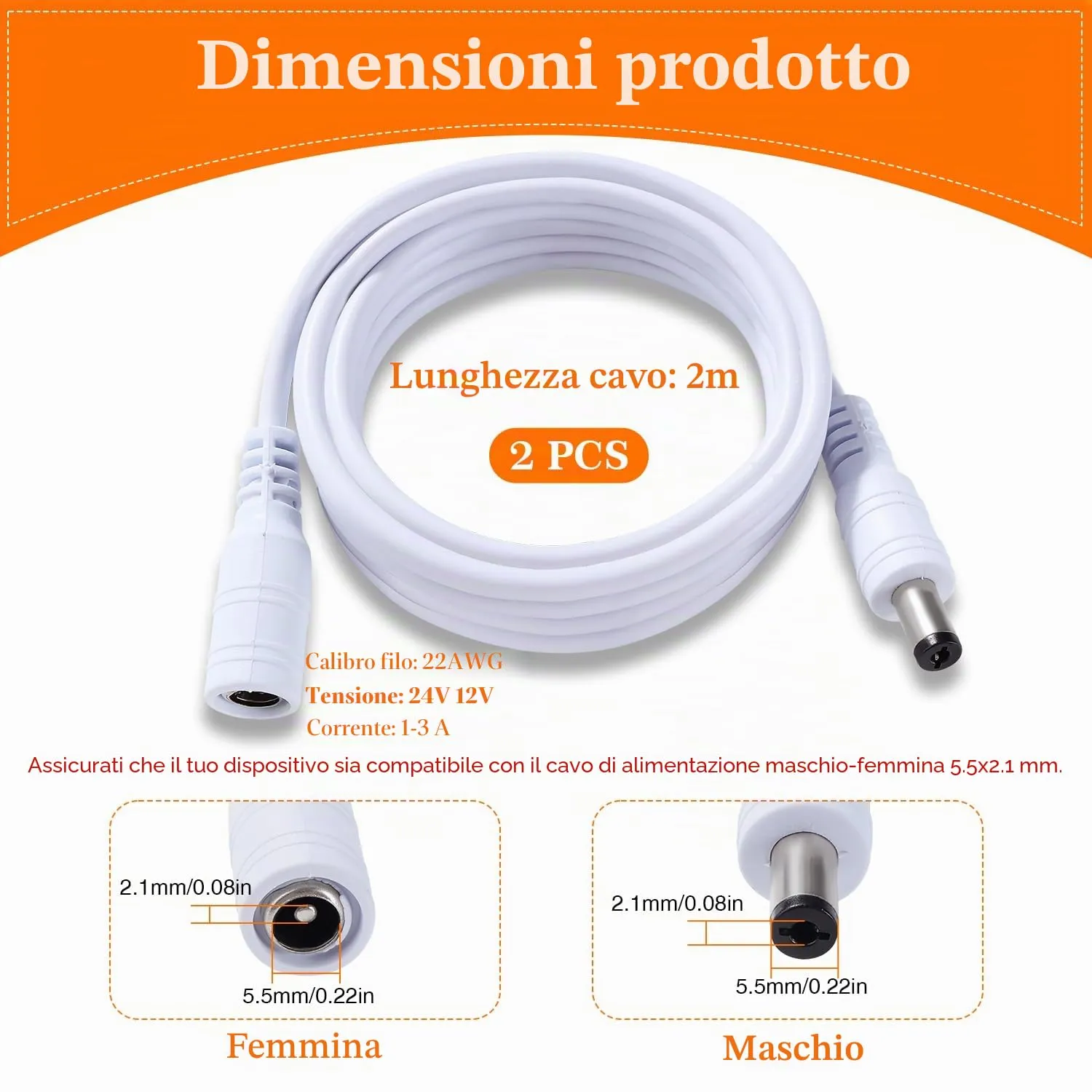 KUOQIY 2 Pezzi 2m 5.5x2.1 mm 24V 12V Cavi di Prolunga per Alimentazione DC, DC Cavo Estensione Maschio a Femmina 22AWG, per Telecamera Sicurezza CCTV, DVR, Bianco - immagine 3