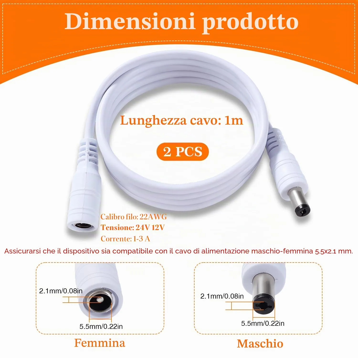 KUOQIY 2 Pezzi 1m 5.5x2.1 mm 24V 12V Cavi di Prolunga per Alimentazione DC, DC Cavo Estensione Maschio a Femmina 22AWG, per Telecamera Sicurezza CCTV, DVR, Bianco - immagine 3