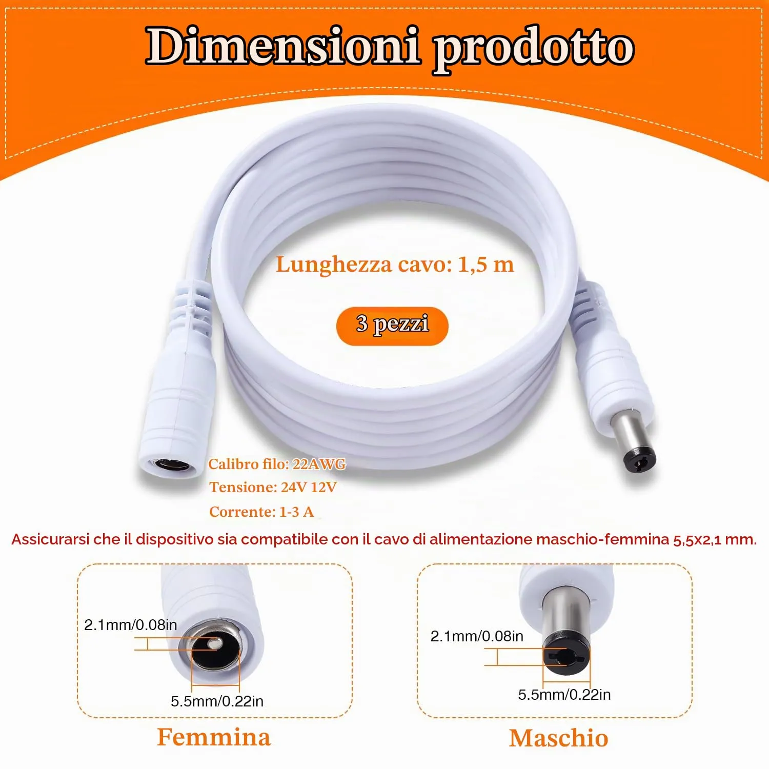 KUOQIY 3 Pezzi 1.5m 5.5x2.1 mm 24V 12V Cavi di Prolunga per Alimentazione DC, DC Cavo Estensione Maschio a Femmina 22AWG, per Telecamera Sicurezza CCTV, DVR, Bianco - immagine 3