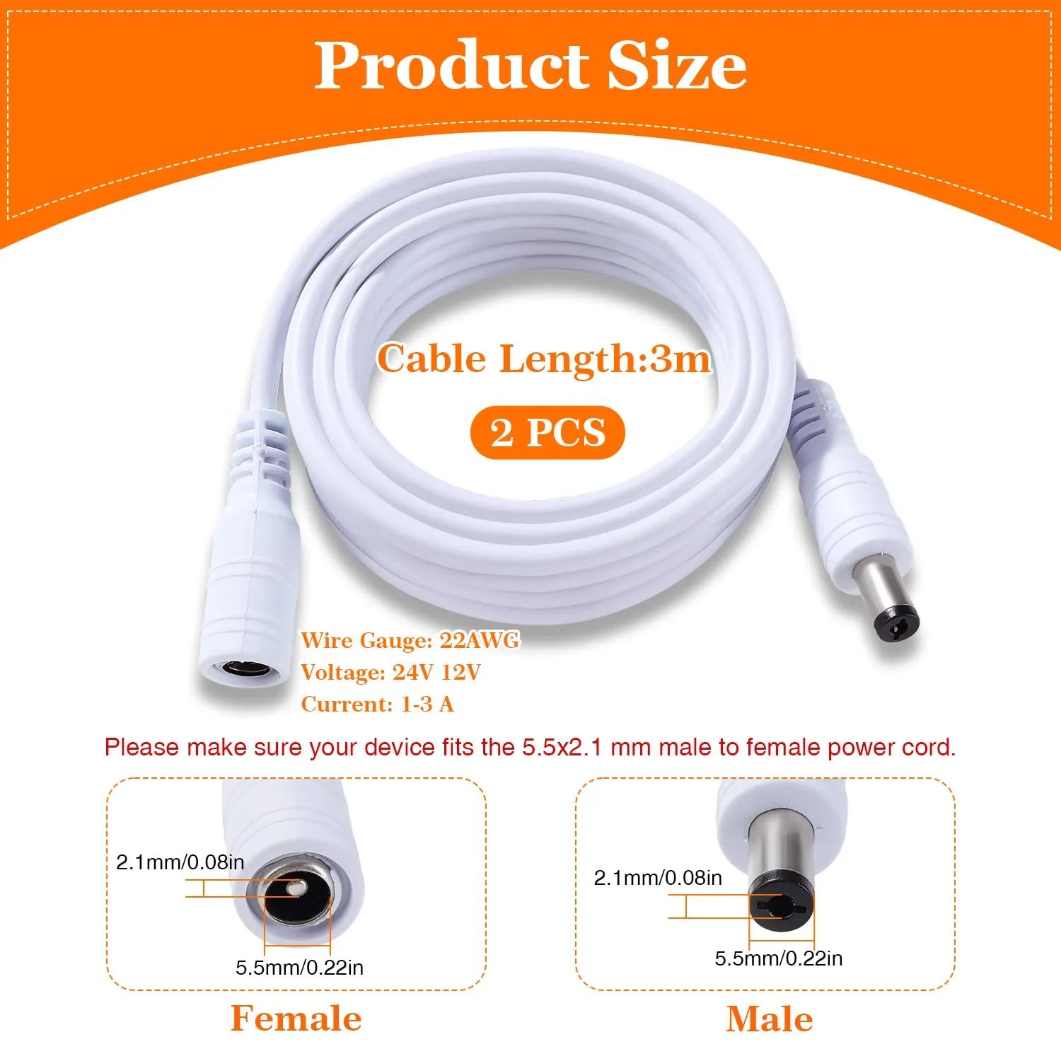 KUOQIY 2 Pezzi 3m 5.5x2.1 mm 24V 12V Cavi di Prolunga per Alimentazione DC, DC Cavo Estensione Maschio a Femmina 22AWG, per Telecamera Sicurezza CCTV, DVR, Bianco - immagine 3