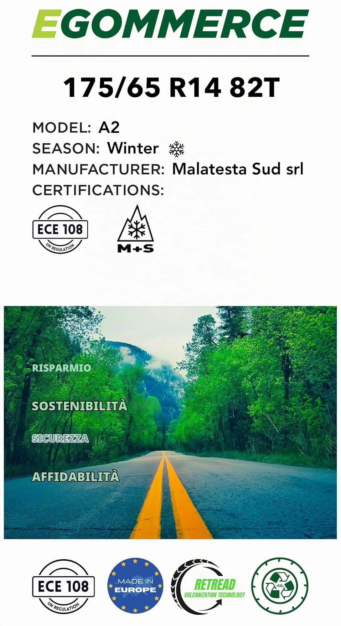EGOMMERCE - Pneumatico Auto A2 175/65 R14 82 T Invernale Termico Certificato M+S - Pneumatici Automobile - Gomme per Auto Made in Italy ed Ecofriendly - Garanzia 2 Anni - immagine 2