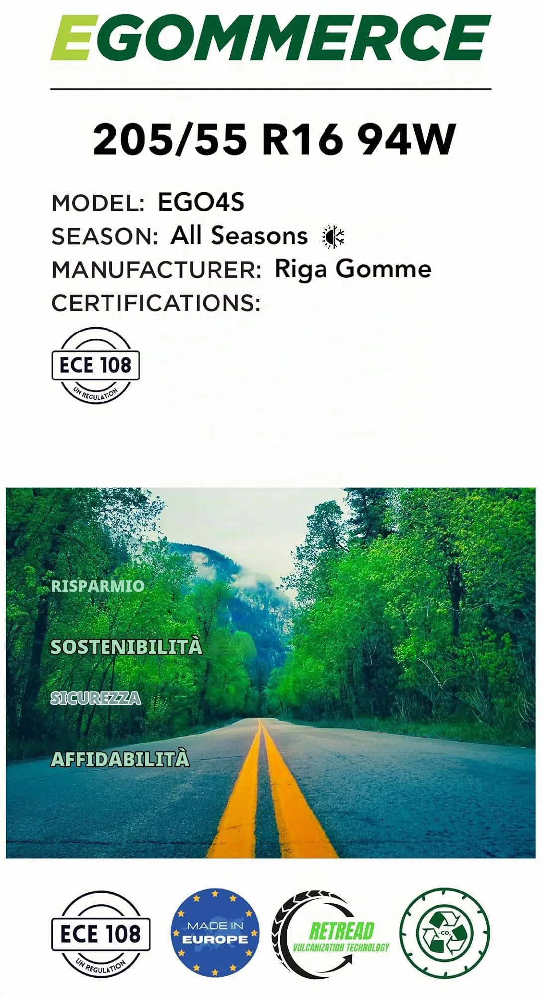 EGOMMERCE - Pneumatico Auto ECO4S 205/55 R16 94 W 4 Stagioni Certificato M+S - Pneumatici Automobile All Season - Gomme per Auto Made in Italy ed Ecofriendly - Garanzia 2 Anni - immagine 2