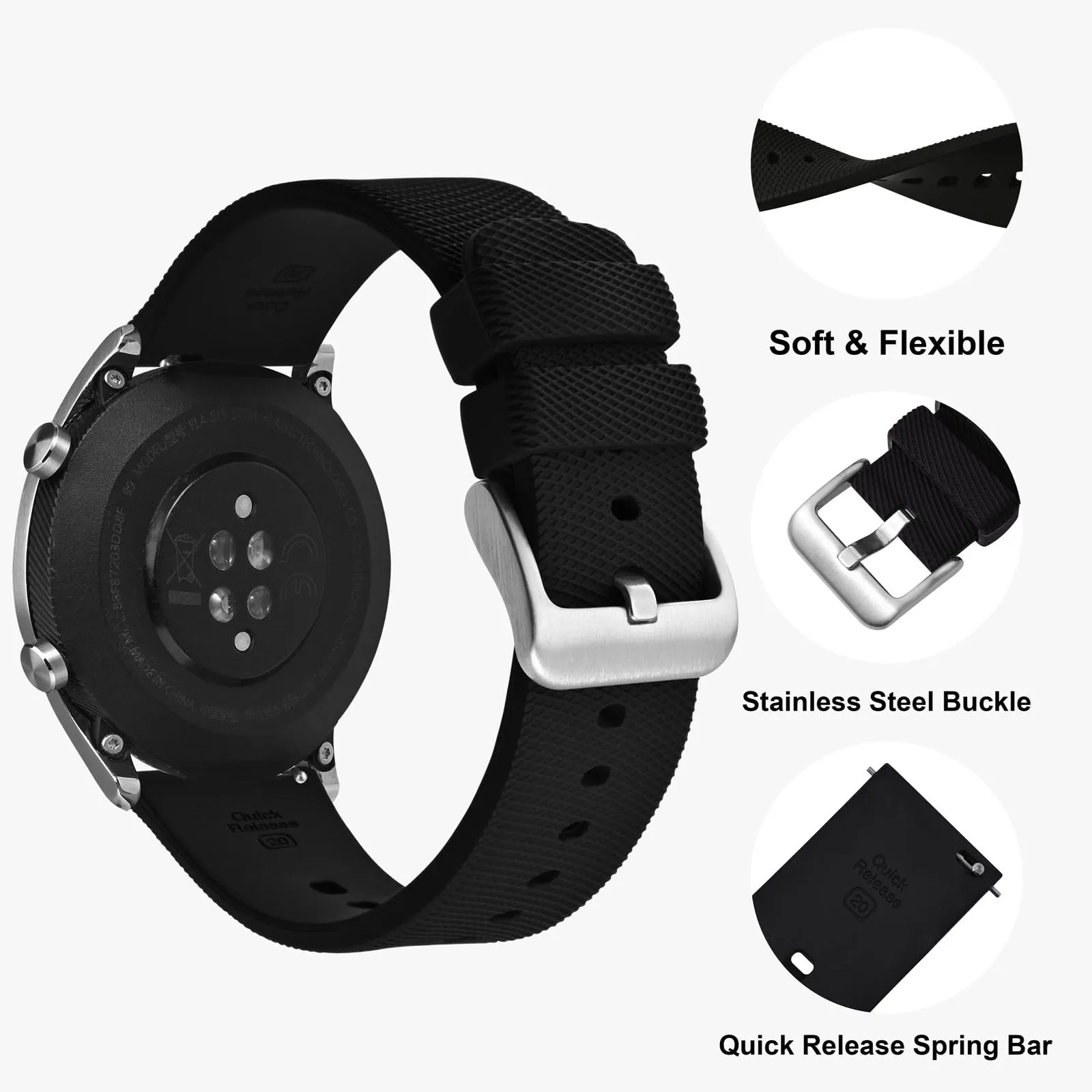 ANNEFIT Cinturino per Orologi in Silicone per Uomo Donna con Fibbia Argento, Cinturini 16mm in Gomma Morbida con Sgancio Rapido (Nero) - immagine 3