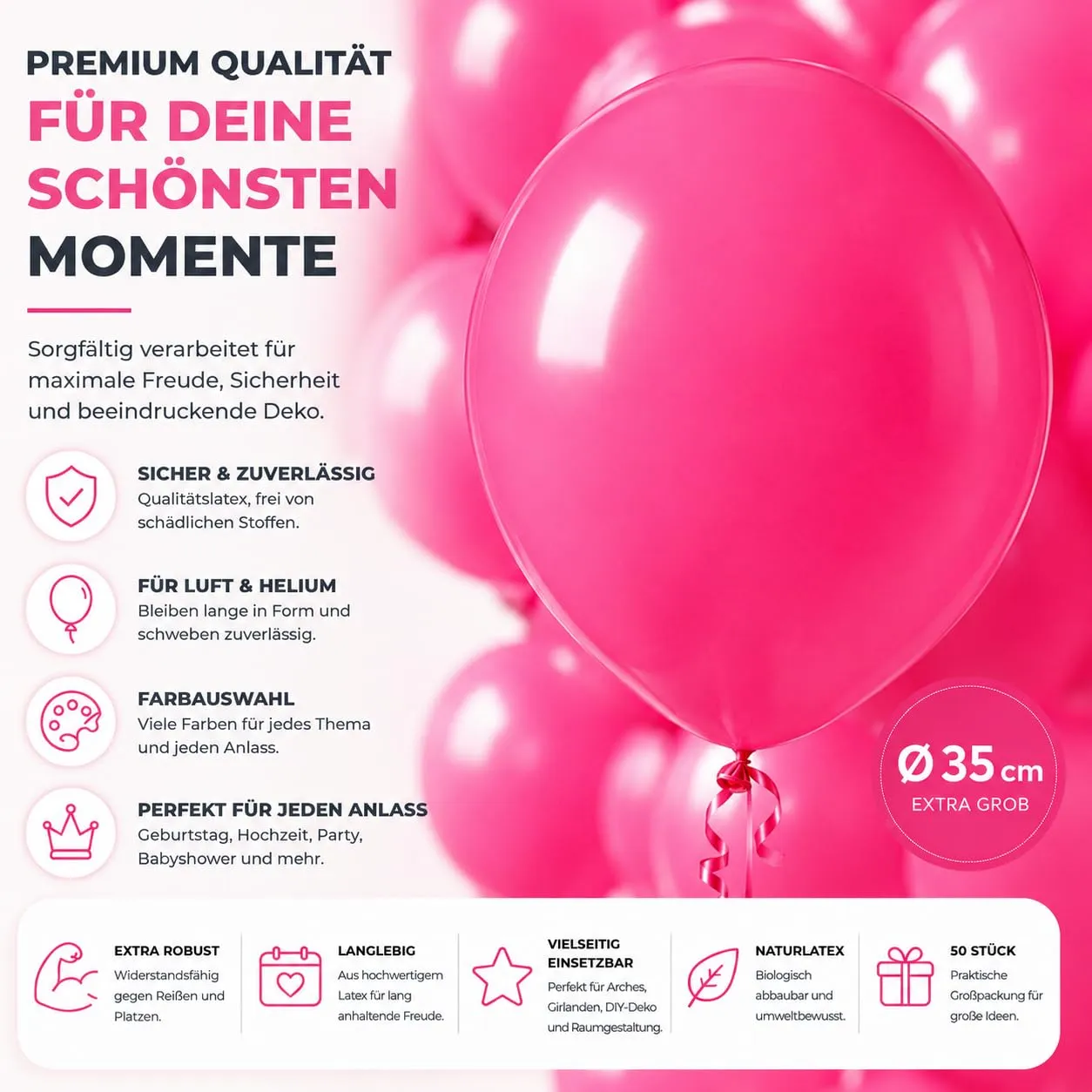 50 palloncini rosa, diametro 35 cm, per compleanni, matrimoni e feste, gonfiabili ad aria ed elio (colori a scelta) - immagine 2