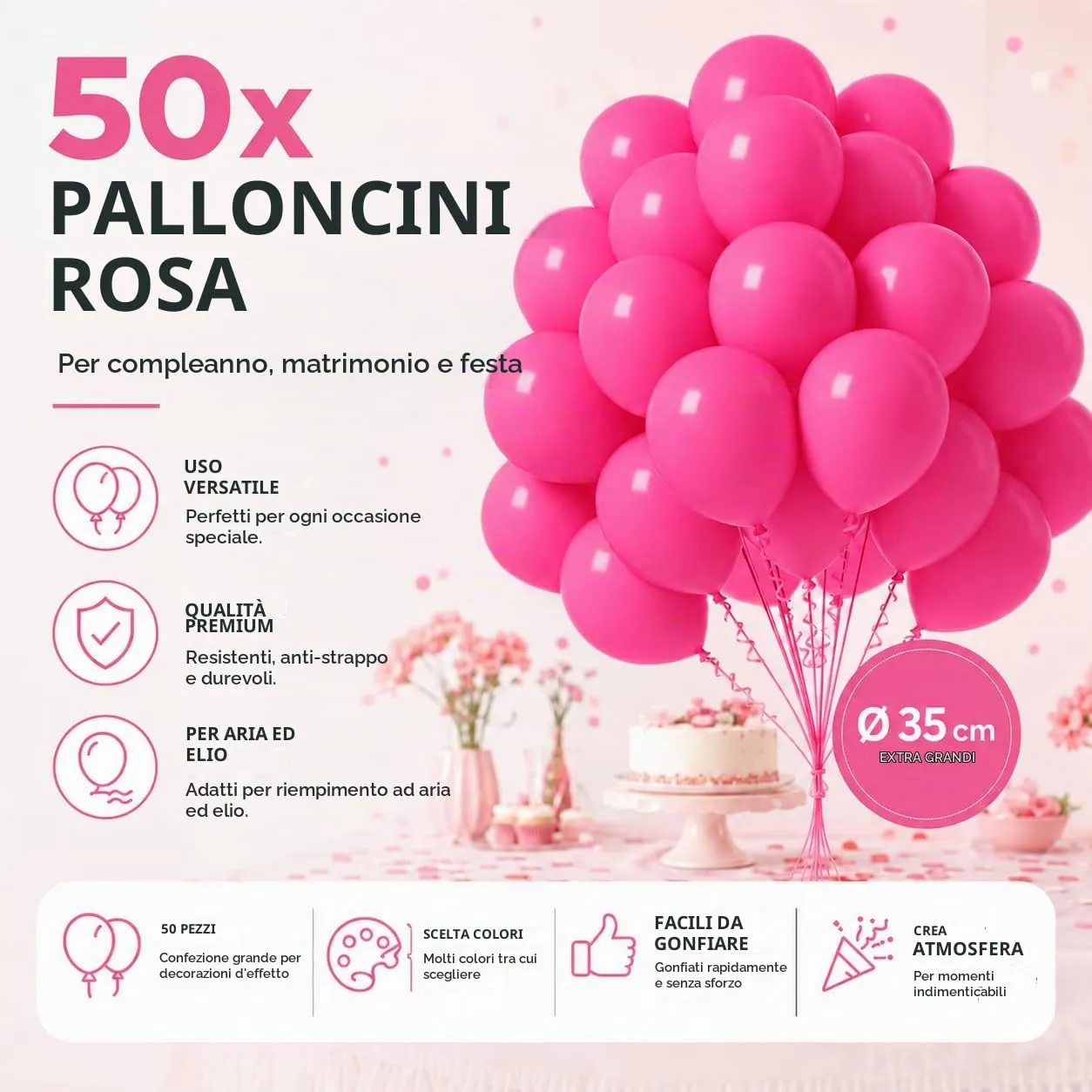 50 palloncini rosa, diametro 35 cm, per compleanni, matrimoni e feste, gonfiabili ad aria ed elio (colori a scelta) - immagine 3