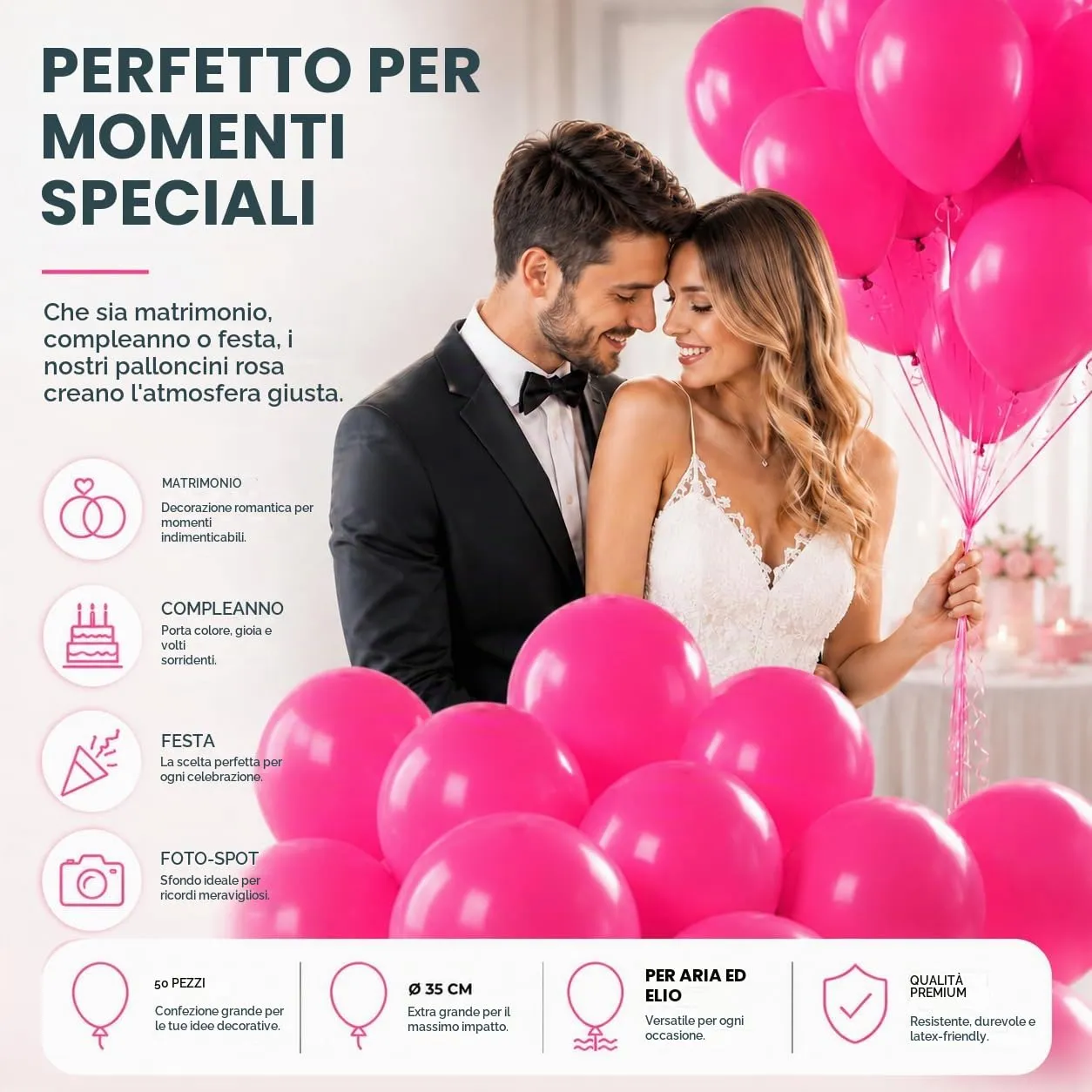 50 palloncini rosa, diametro 35 cm, per compleanni, matrimoni e feste, gonfiabili ad aria ed elio (colori a scelta) - immagine 5