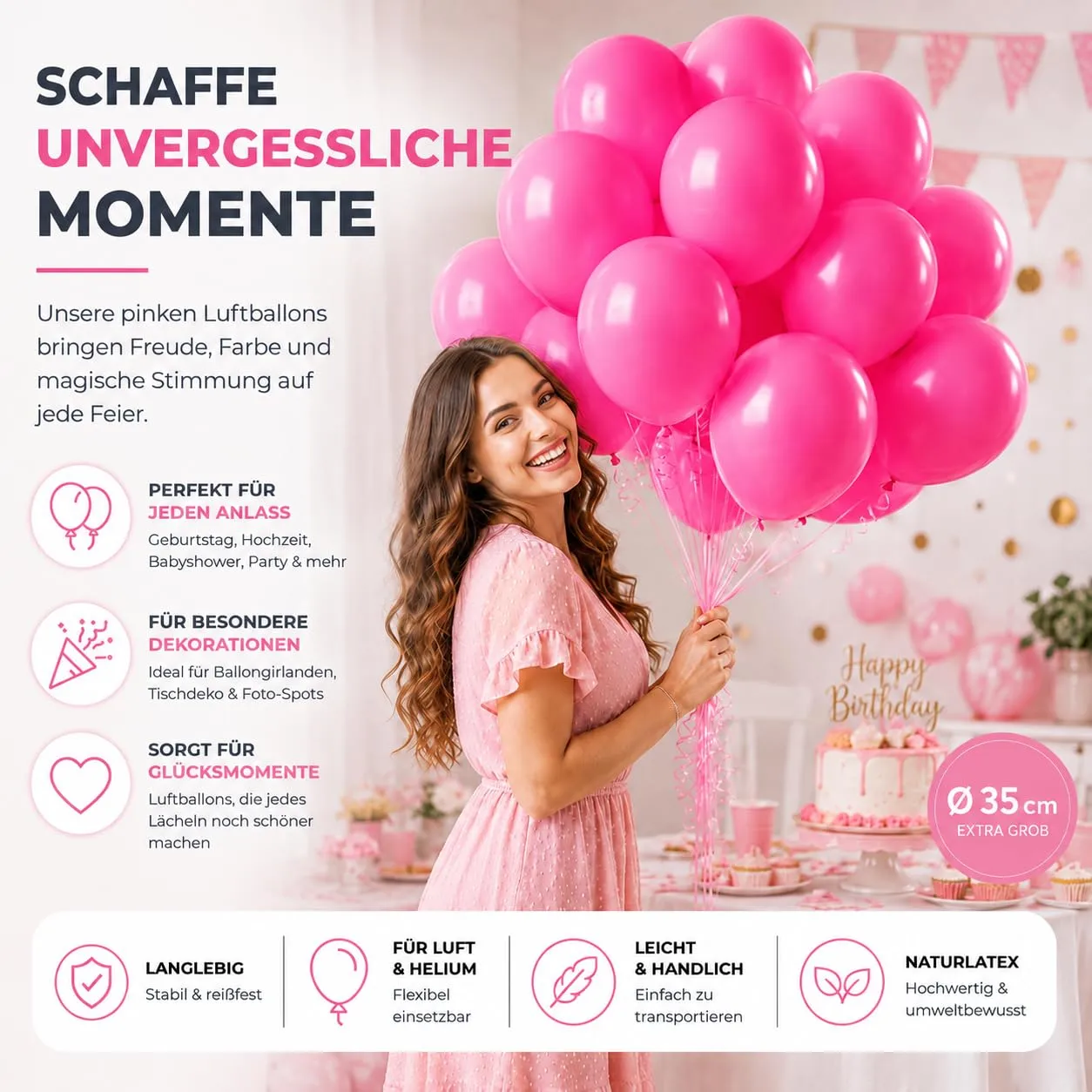 50 palloncini rosa, diametro 35 cm, per compleanni, matrimoni e feste, gonfiabili ad aria ed elio (colori a scelta) - immagine 6