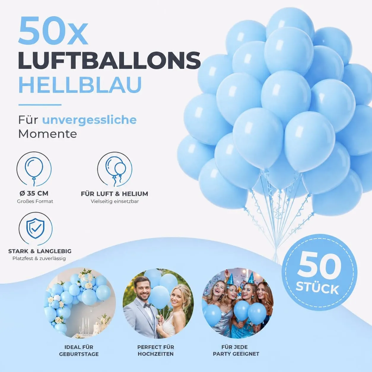 Lot de 50 palloncini blu chiaro da 35 cm di diametro per anniversario, matrimonio e festa, gonfiabili ad aria e elio (scelta di colore) - immagine 2