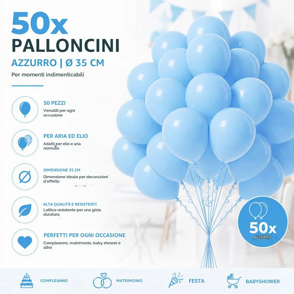 Lot de 50 palloncini blu chiaro da 35 cm di diametro per anniversario, matrimonio e festa, gonfiabili ad aria e elio (scelta di colore) - immagine 3