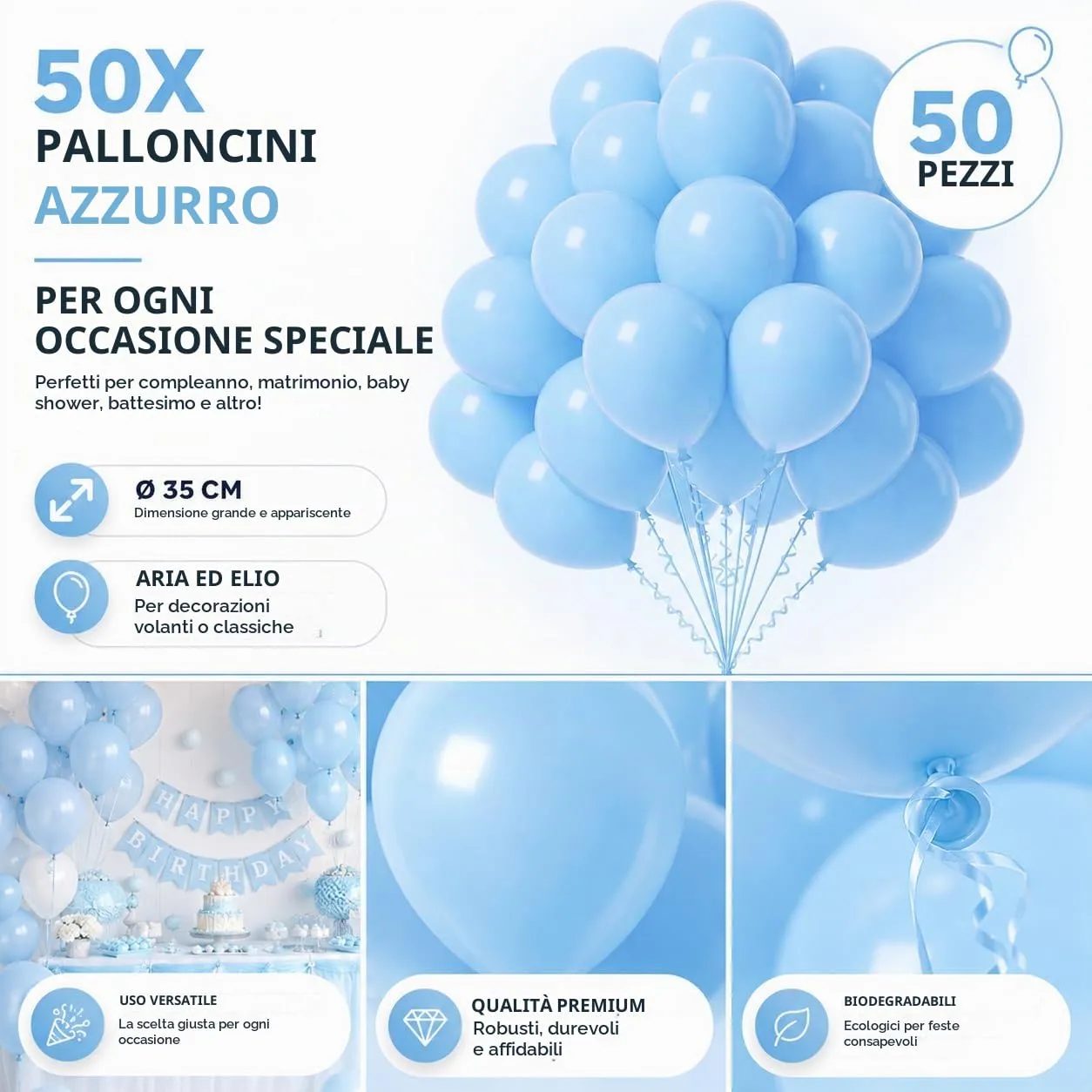 Lot de 50 palloncini blu chiaro da 35 cm di diametro per anniversario, matrimonio e festa, gonfiabili ad aria e elio (scelta di colore) - immagine 4