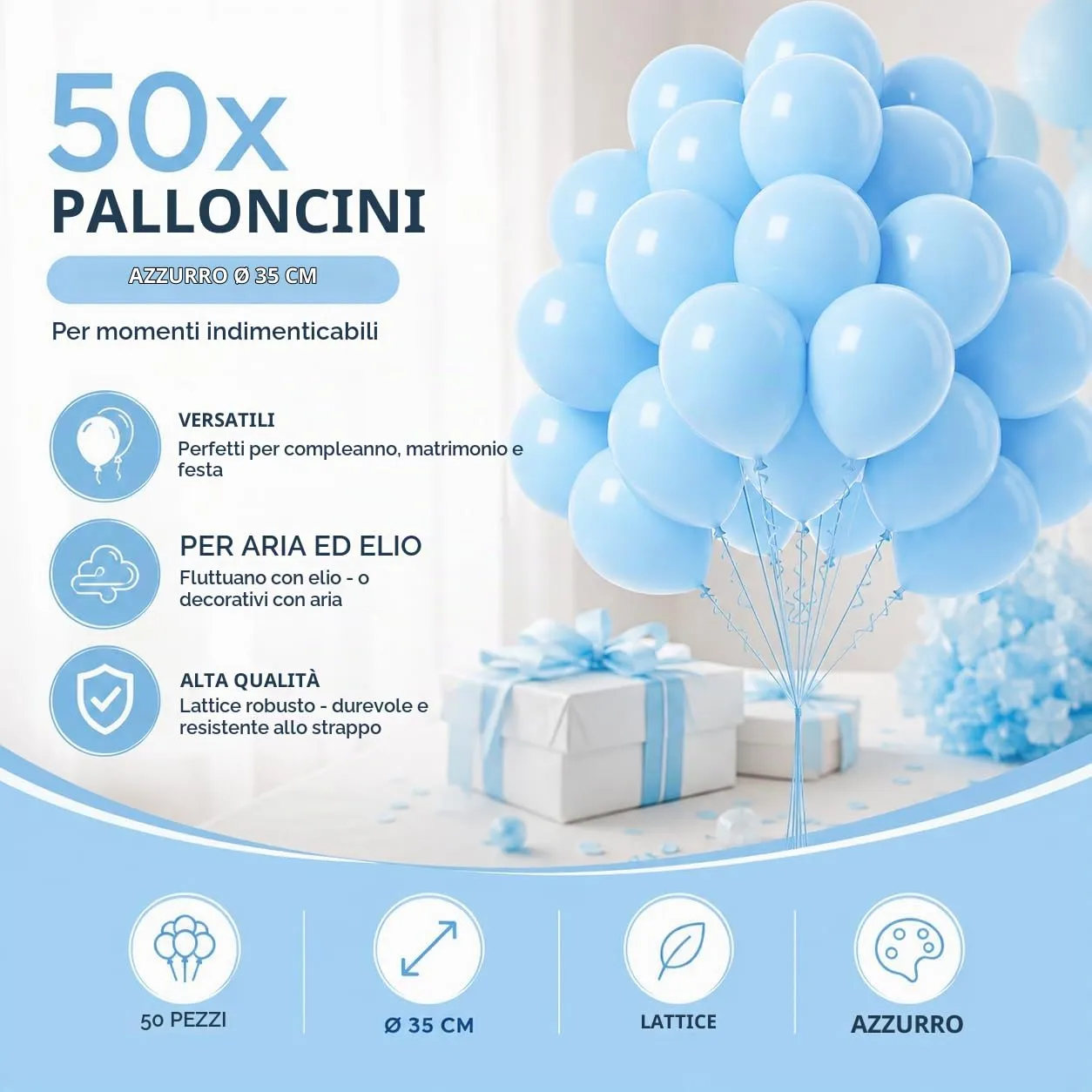 Lot de 50 palloncini blu chiaro da 35 cm di diametro per anniversario, matrimonio e festa, gonfiabili ad aria e elio (scelta di colore) - immagine 5