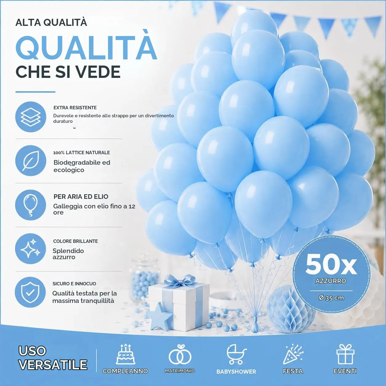 Lot de 50 palloncini blu chiaro da 35 cm di diametro per anniversario, matrimonio e festa, gonfiabili ad aria e elio (scelta di colore) - immagine 6