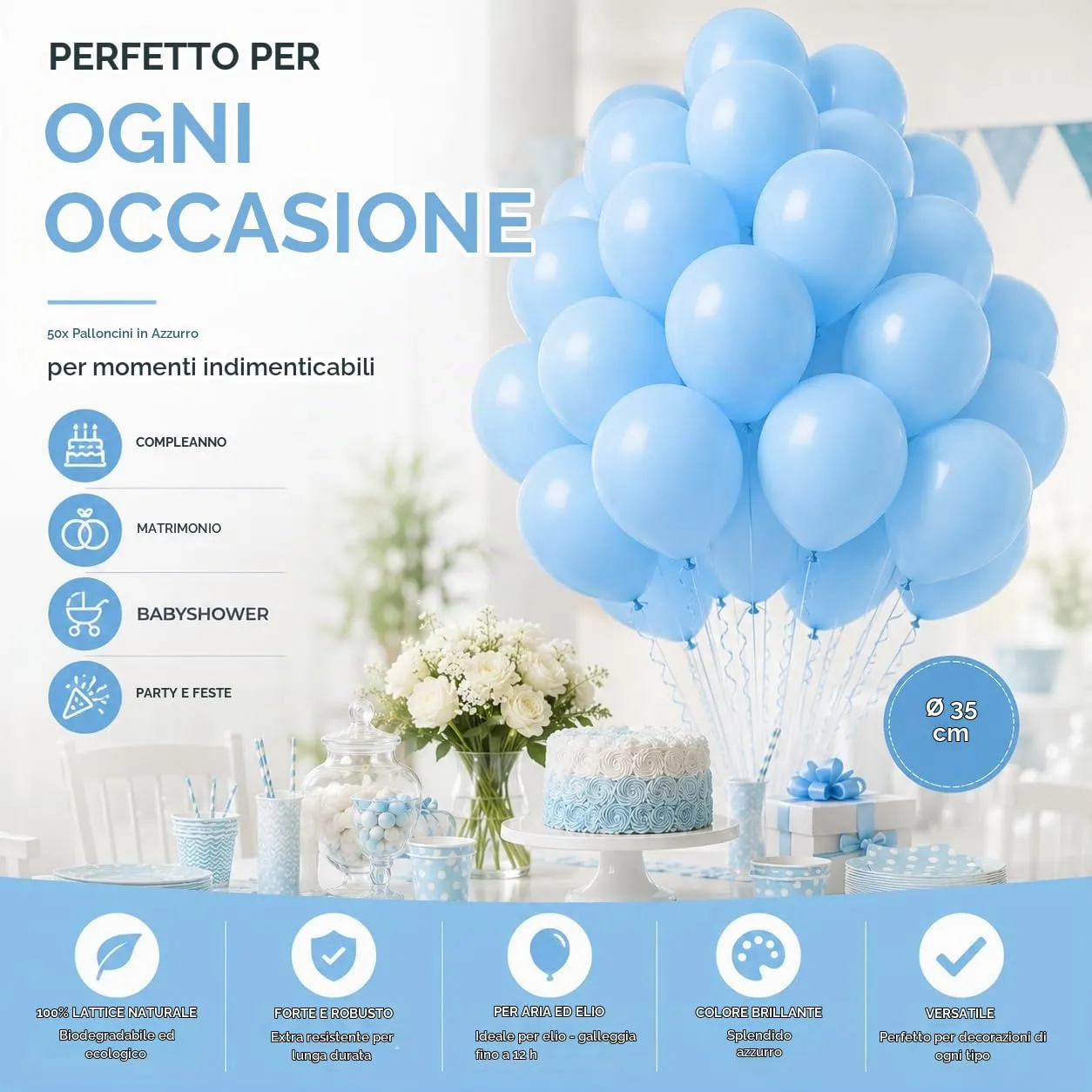 Lot de 50 palloncini blu chiaro da 35 cm di diametro per anniversario, matrimonio e festa, gonfiabili ad aria e elio (scelta di colore) - immagine 7