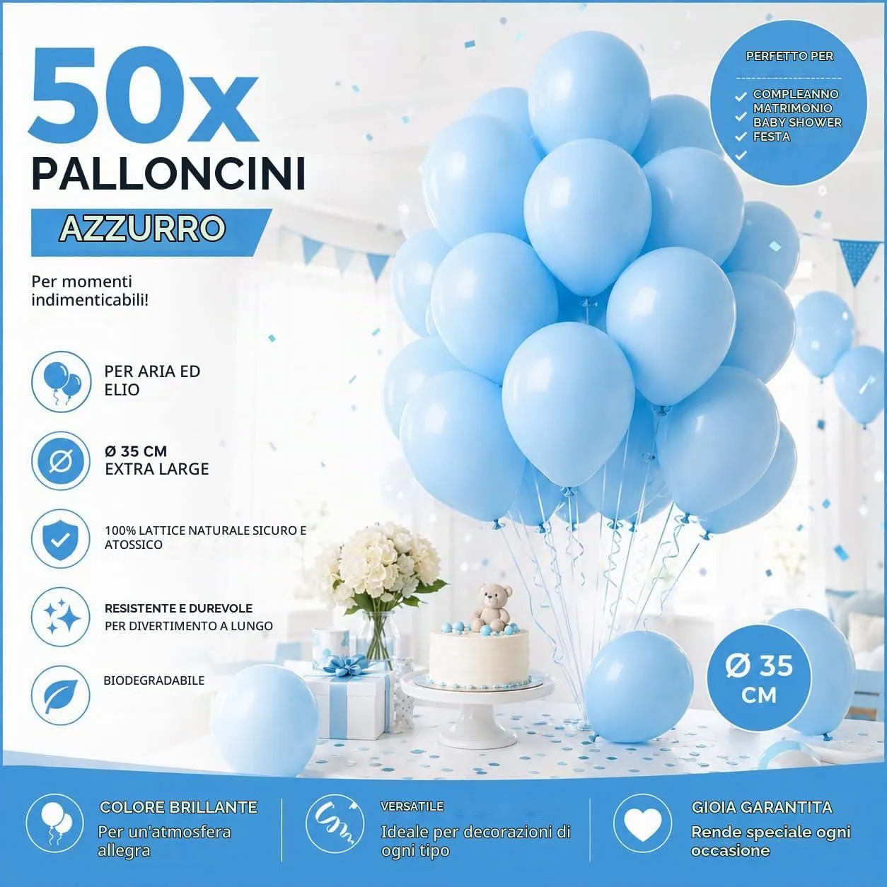 Lot de 50 palloncini blu chiaro da 35 cm di diametro per anniversario, matrimonio e festa, gonfiabili ad aria e elio (scelta di colore) - immagine 8