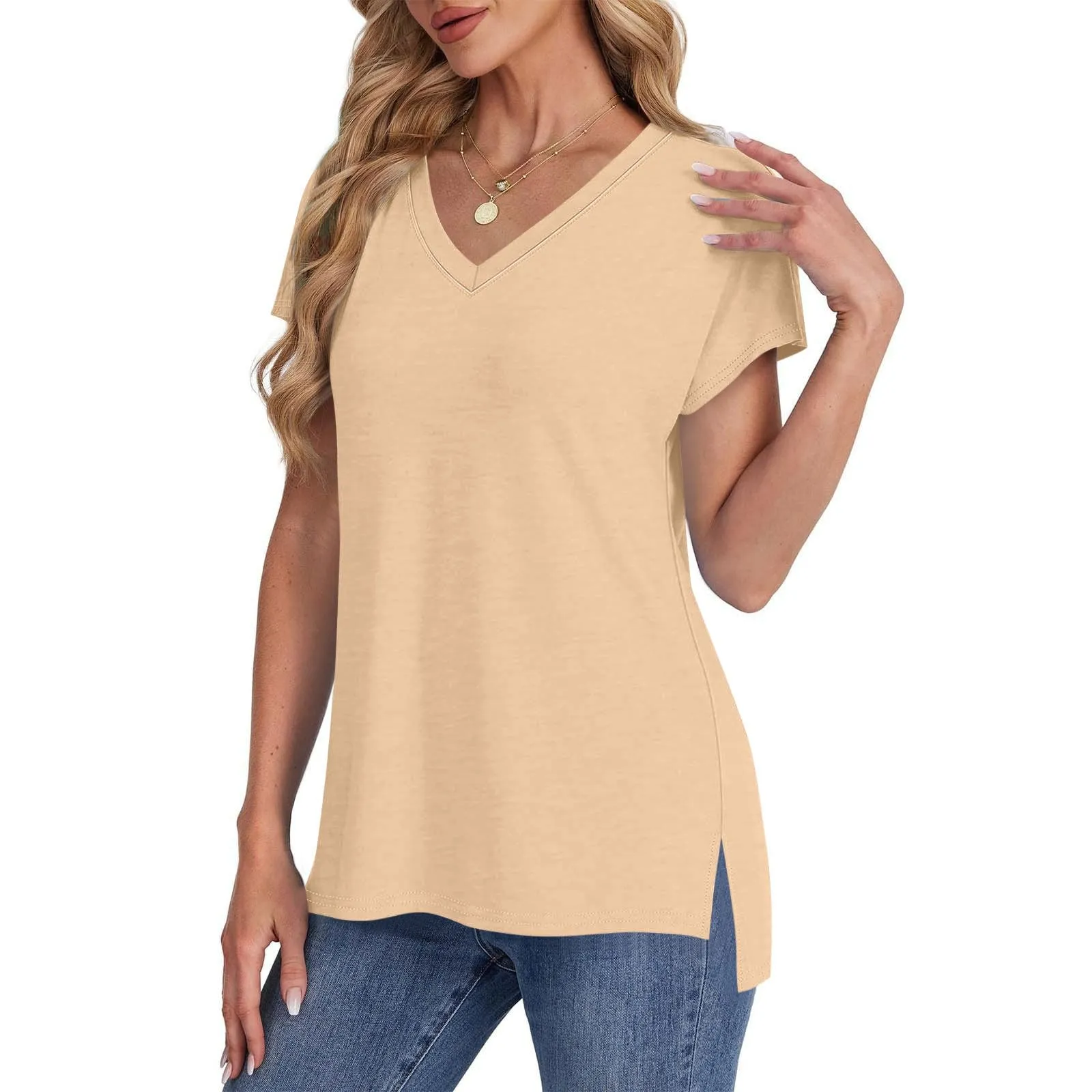 Masrin Maglietta da donna in tinta unita, con scollo a V, a maniche corte, maniche raglan, vestibilità normale, top con spacco laterale, tunica estiva, cachi, M - immagine 6