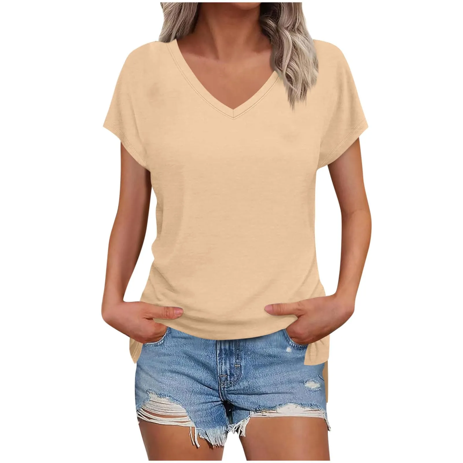 Masrin Maglietta da donna in tinta unita, con scollo a V, a maniche corte, maniche raglan, vestibilità normale, top con spacco laterale, tunica estiva, cachi, XXL - immagine 1