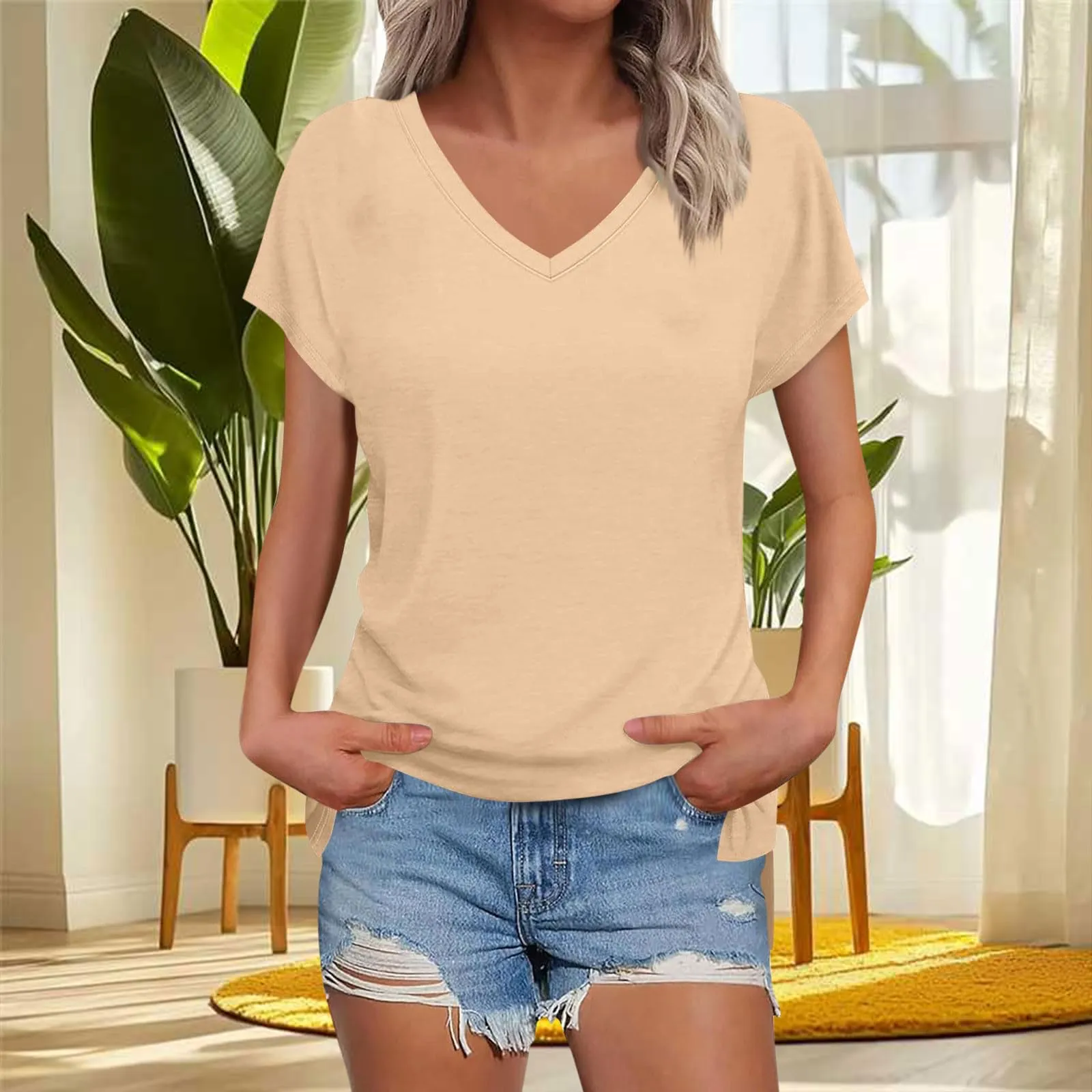 Masrin Maglietta da donna in tinta unita, con scollo a V, a maniche corte, maniche raglan, vestibilità normale, top con spacco laterale, tunica estiva, cachi, XXL - immagine 3